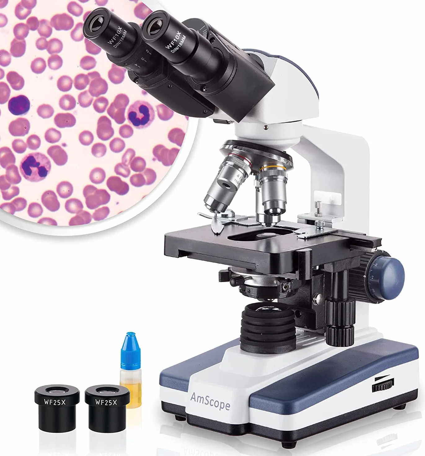 AmScope - Microscopio compuesto binocular de laboratorio de 40X-2500X led con etapa 3D, B120C