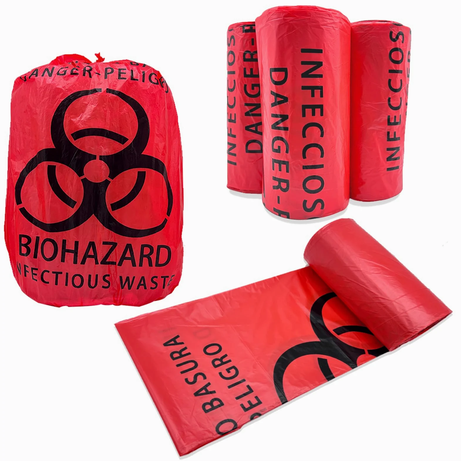 Bolsas de basura Biohazard de 62 cm, bolsas de eliminación de residuos infecciosos seguras de 10 galones, forro de basura rojo, bolsas sin fugas, grado médico (100 unidades de 62 x 62 cm)