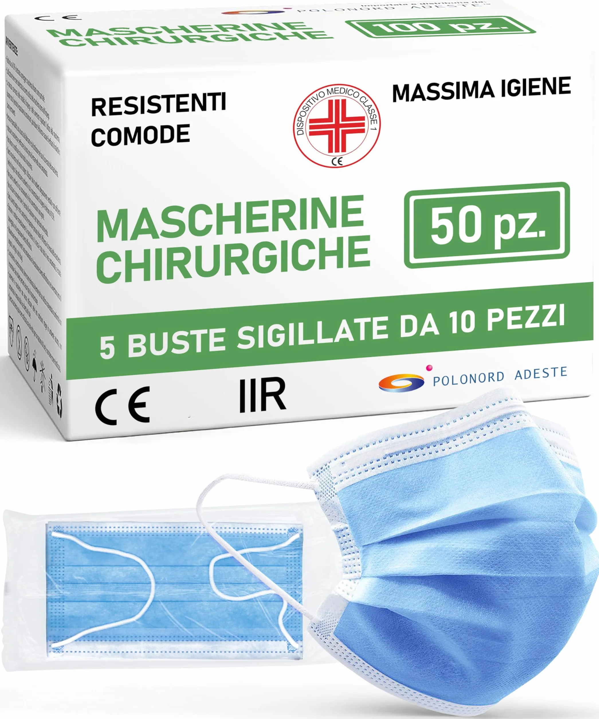 50 mascarillas quirúrgicas desechables de 3 capas tipo IIR resistentes a las salpicaduras y conformes a la norma UNI EN 14683:2019+AC:2019 | BFE >98%