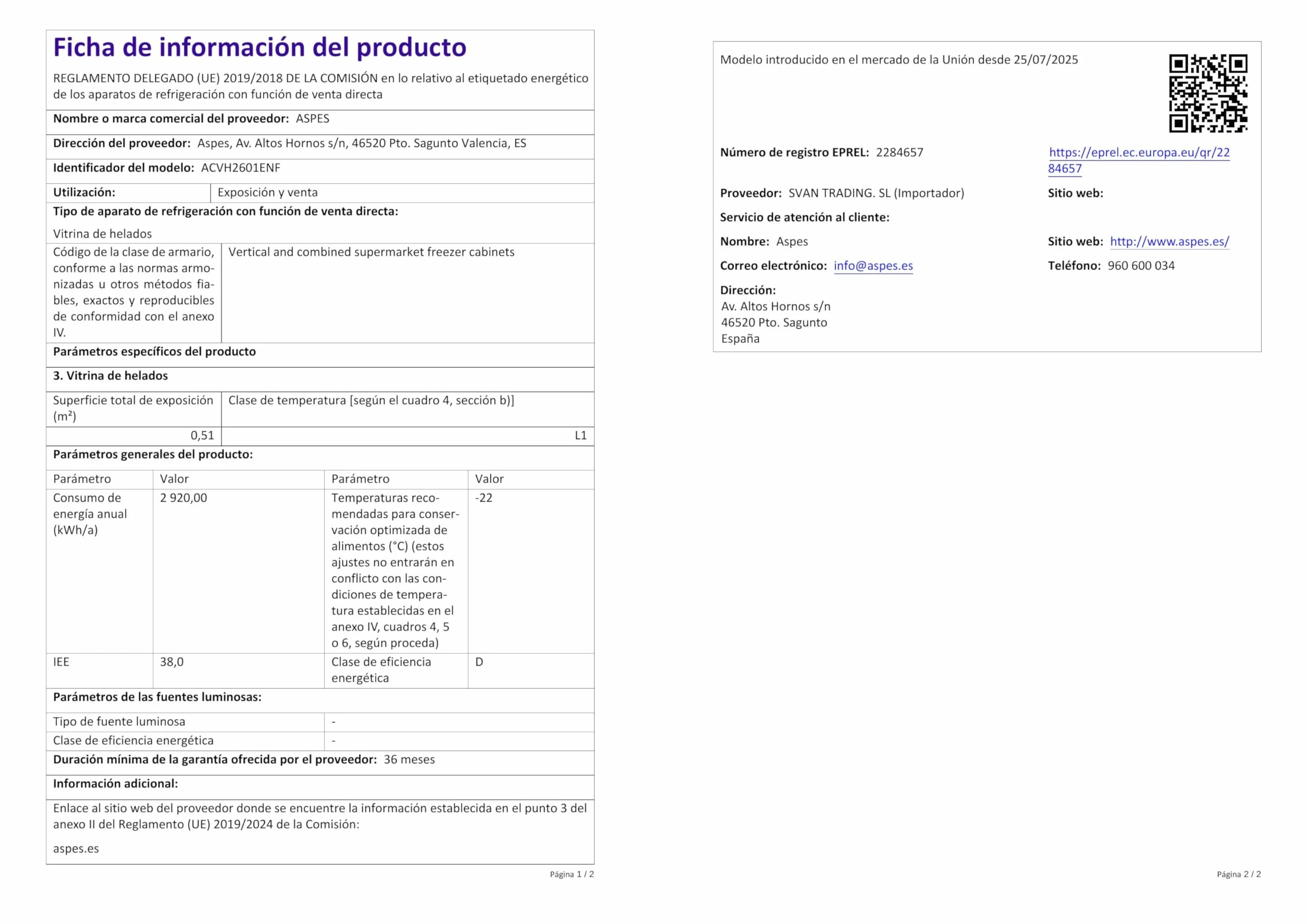 Aspes Congelador Vertical Horeca Negro ACVH2601ENF 329 Litros Bajo Nivel Sonoro Clase D