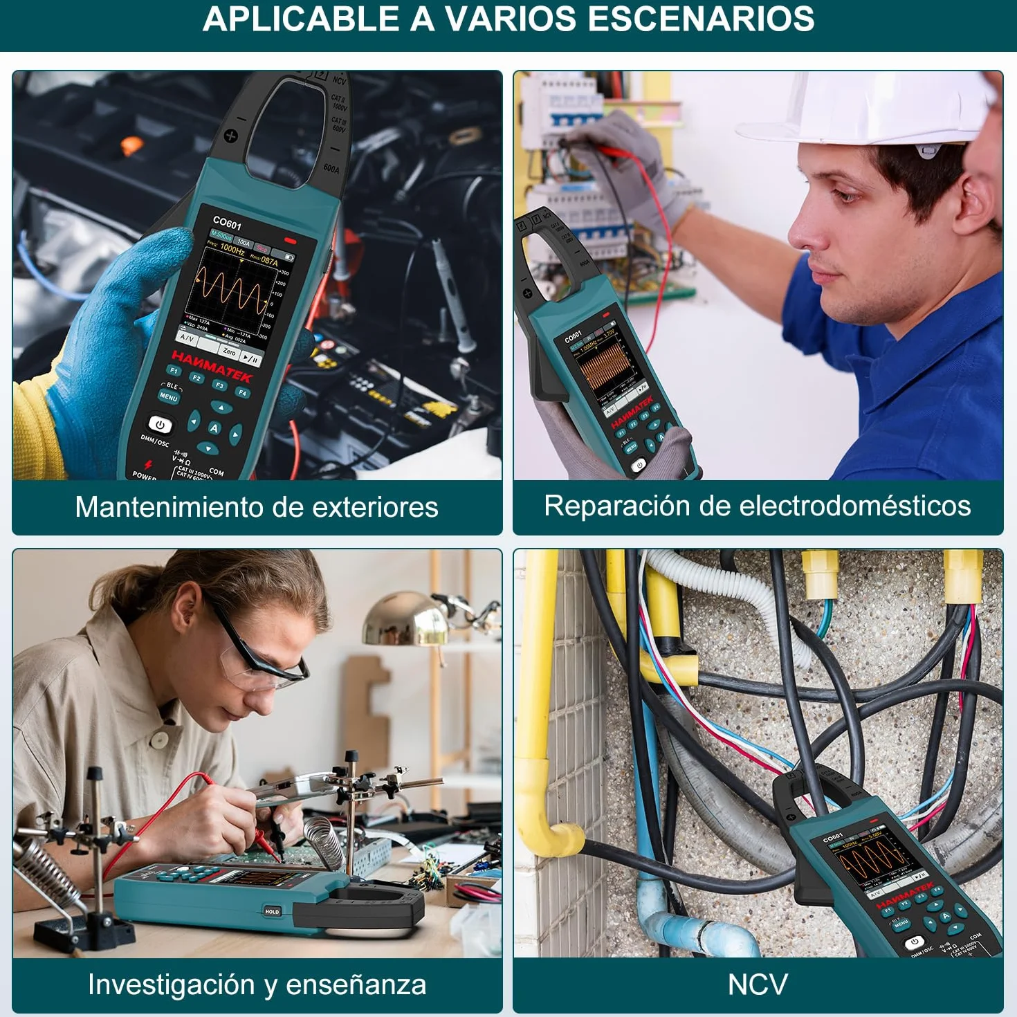 HANMATEK Multímetro con Osciloscopio 2 en 1, Pinza Amperométrica Profesional, 5 MSa/s, Banda 1MHz, NCV, Bluetooth, Pantalla TFT de 2.8", 600A/1000V, CO601