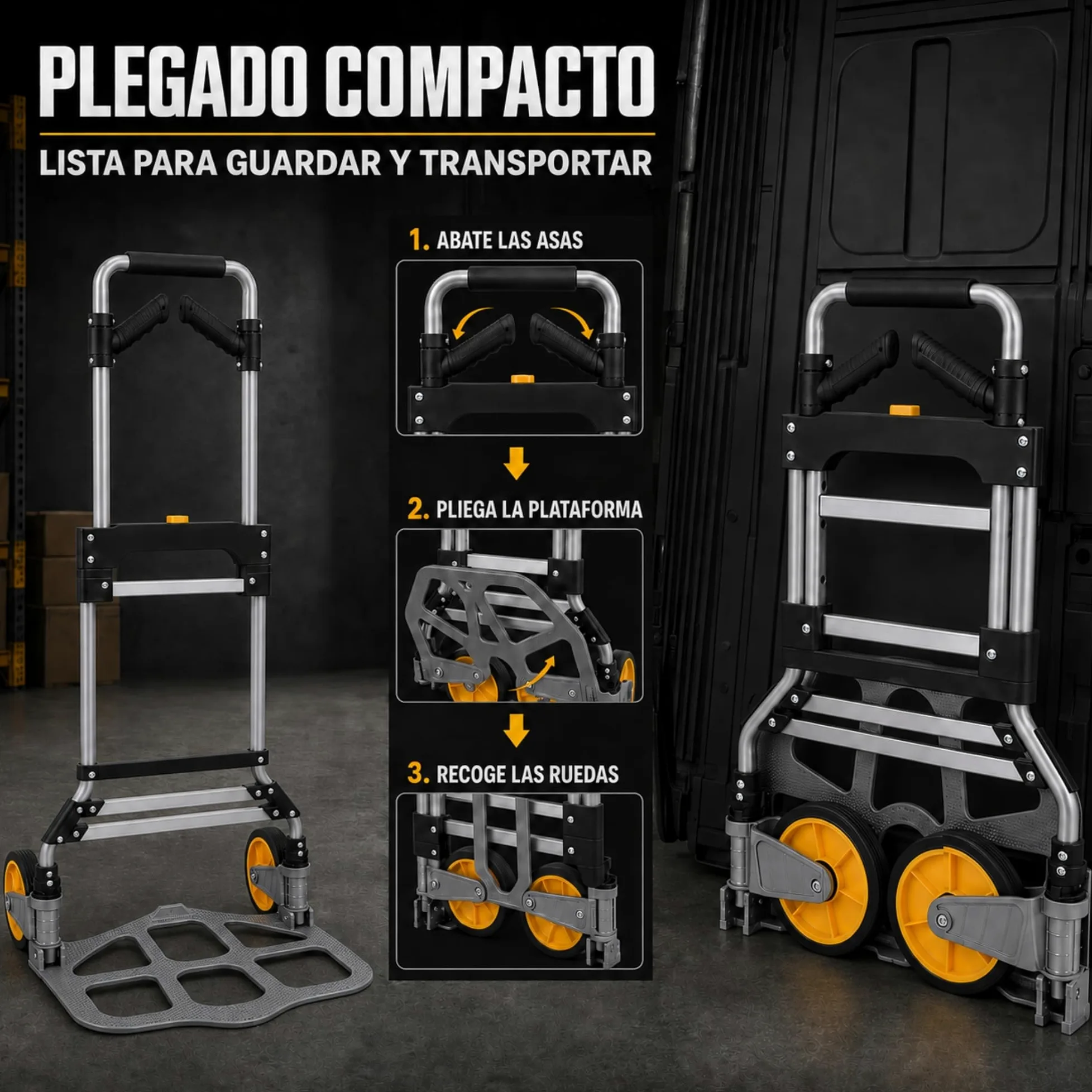 UZIRO Carretilla Plegable con Ruedas de Aluminio, con Mango Telescópico y Soporte Extra, Capacidad de 150 Kg, Plataforma Abatible y 2 Ruedas, Carretilla de Mano Plegable, Carro Transporte Plegable