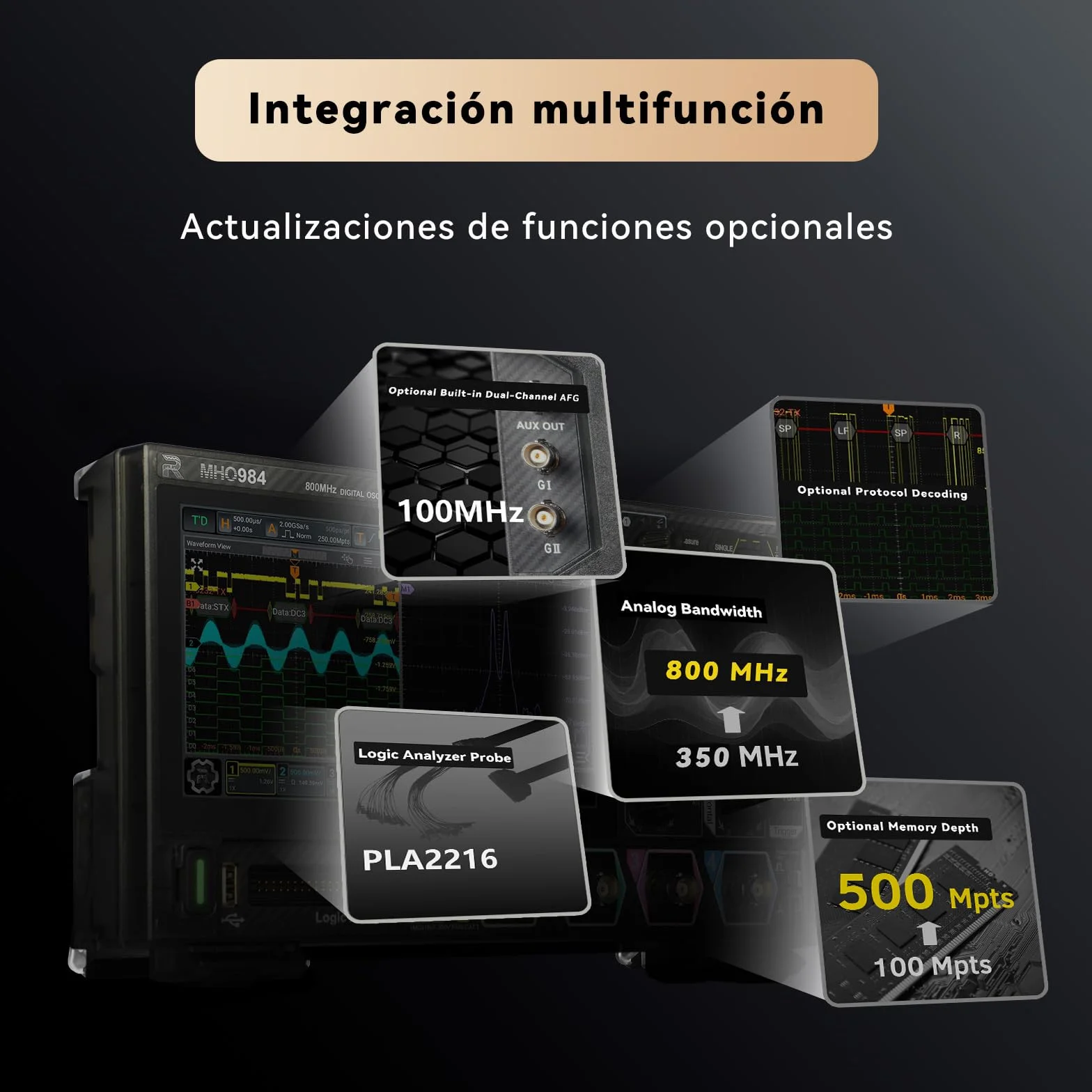 RIGOL MHO954 Osciloscopio Digital, 500MHz, 4GSa/s, 12-bit, 4+16 Canales, Wi-Fi & Bluetooth, Alimentación Type-C, AFG opcional, Ultraportátil