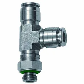 Racor en T, giratorio, forma de L, G 1/4 A, para manguera de diámetro exterior de 6 mm, presión de trabajo máx. 20 bares, acero inoxidable 1.4404.