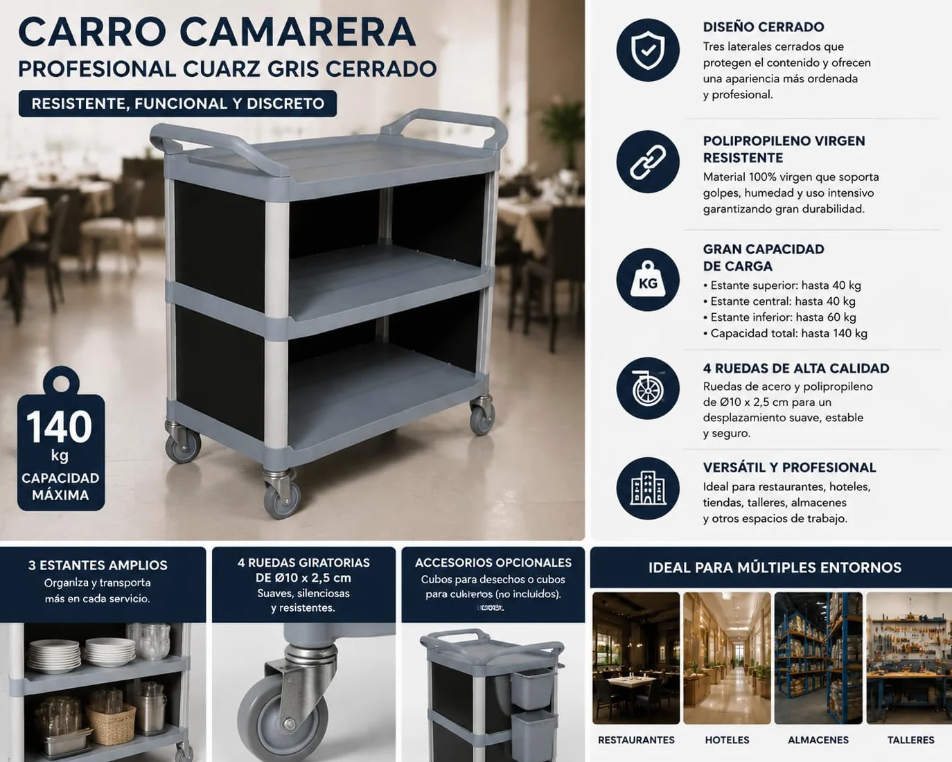 Carro Camarera Profesional Cuarz Gris Cerrado con 3 Bandejas | Laterales Cerrados | Polipropileno Resistente | 4 Ruedas Ø10 cm | Capacidad 140 kg | Ideal para Hostelería y Almacenes