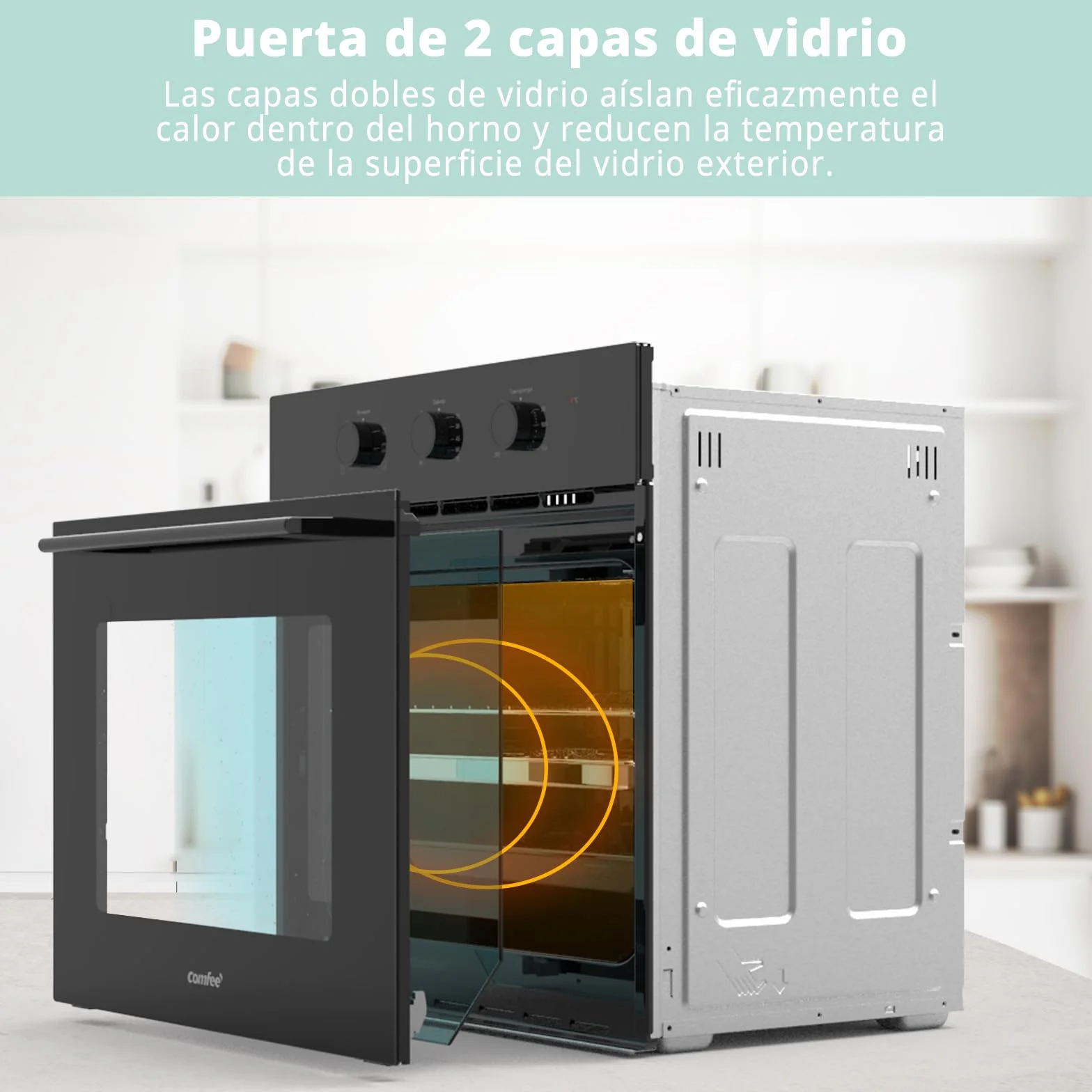 COMFEE' CBO60M80M1-BK Horno empotrable 60 cm 60 litros 8 funciones freidora de aire cocción multifase puerta extraíble limpieza vapor negro