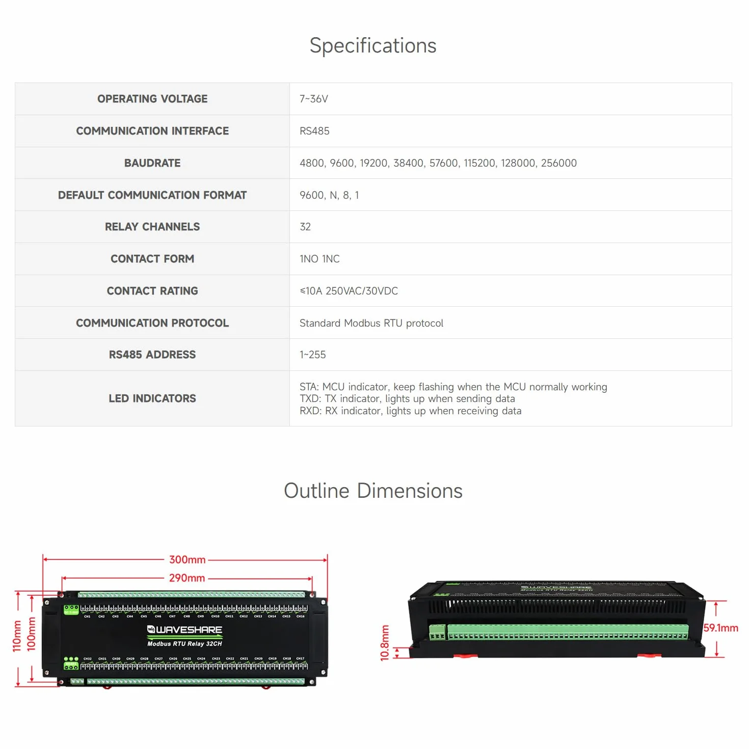 Waveshare Modbus RTU 32-Ch Relay Module, RS485 Interface, with Multiple Isolation Protection Circuits, Mainly Used for Industrial Control, Smart Home, Smart Agriculture, Breeding & Farming
