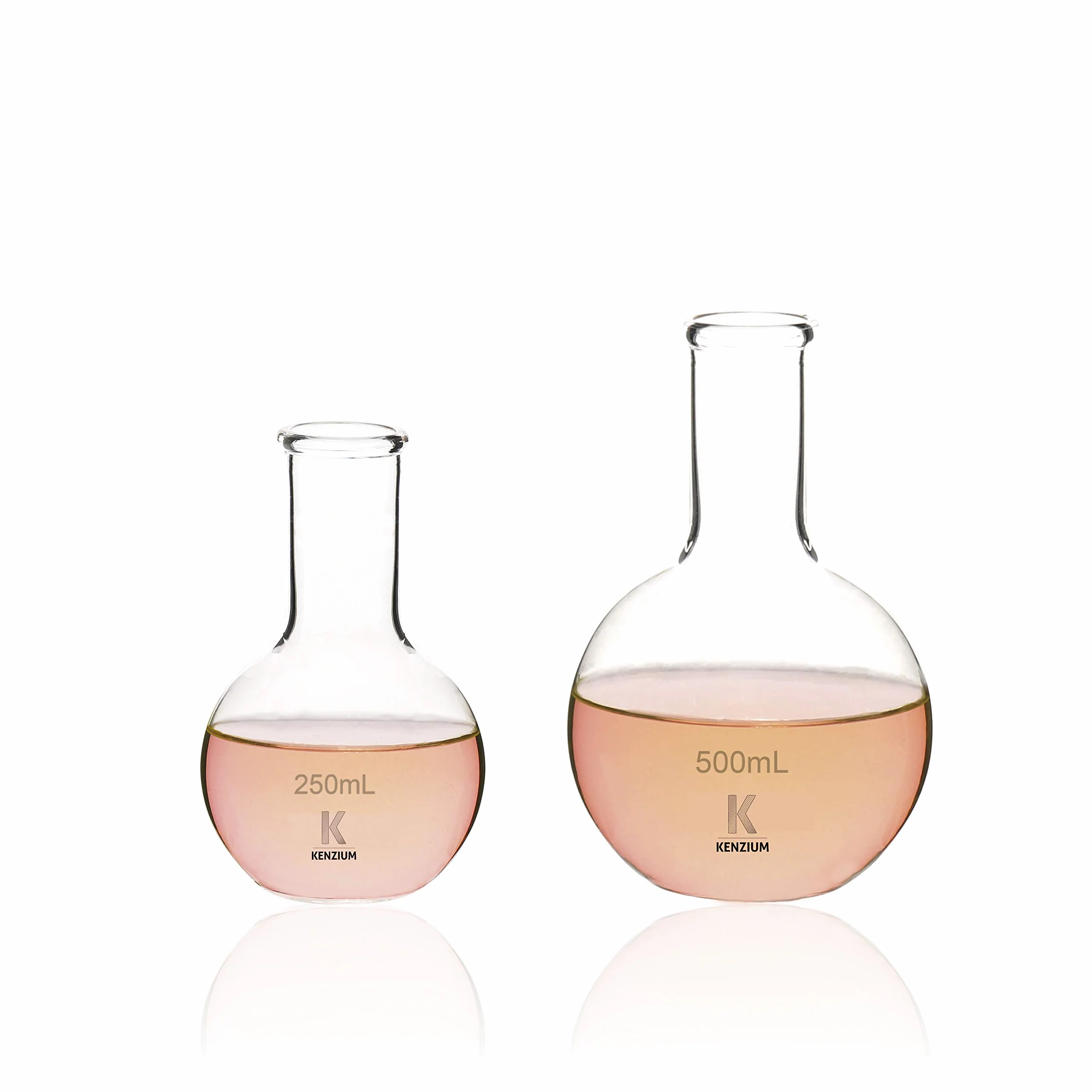 KENZIUM – 2 x Matraz Esférico de Fondo Plano | 1 x 250 ml & 1 x 500 ml | Vidrio Borosilicato 3.3 | Cuello Estrecho | Alta Resistencia, Ideal para Ebullición y Uso en Laboratorio
