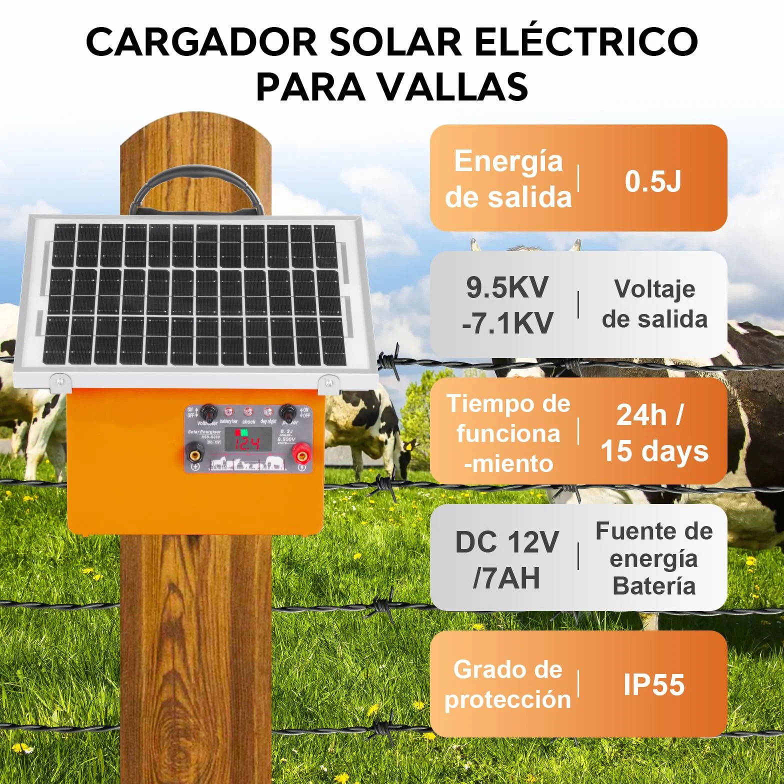 32KM Solar Pastor Electrico, 9,5 kV Pastor eléctrico Controlador para caballos, 0,5 J Valla eléctrica para cría de animales de pastor, para granja, pastoreo, jardín