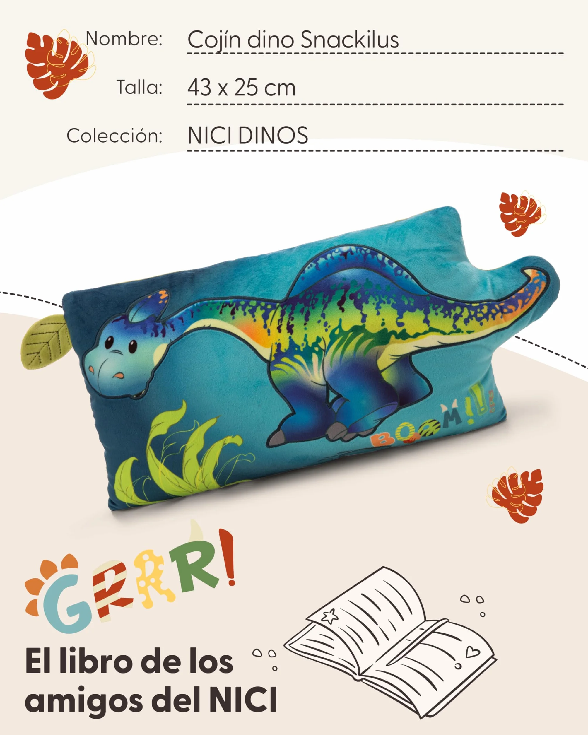 Cojín Dinosaurio Snackilus 43x25 cm Azul Suave Diseño Animal para Niños
