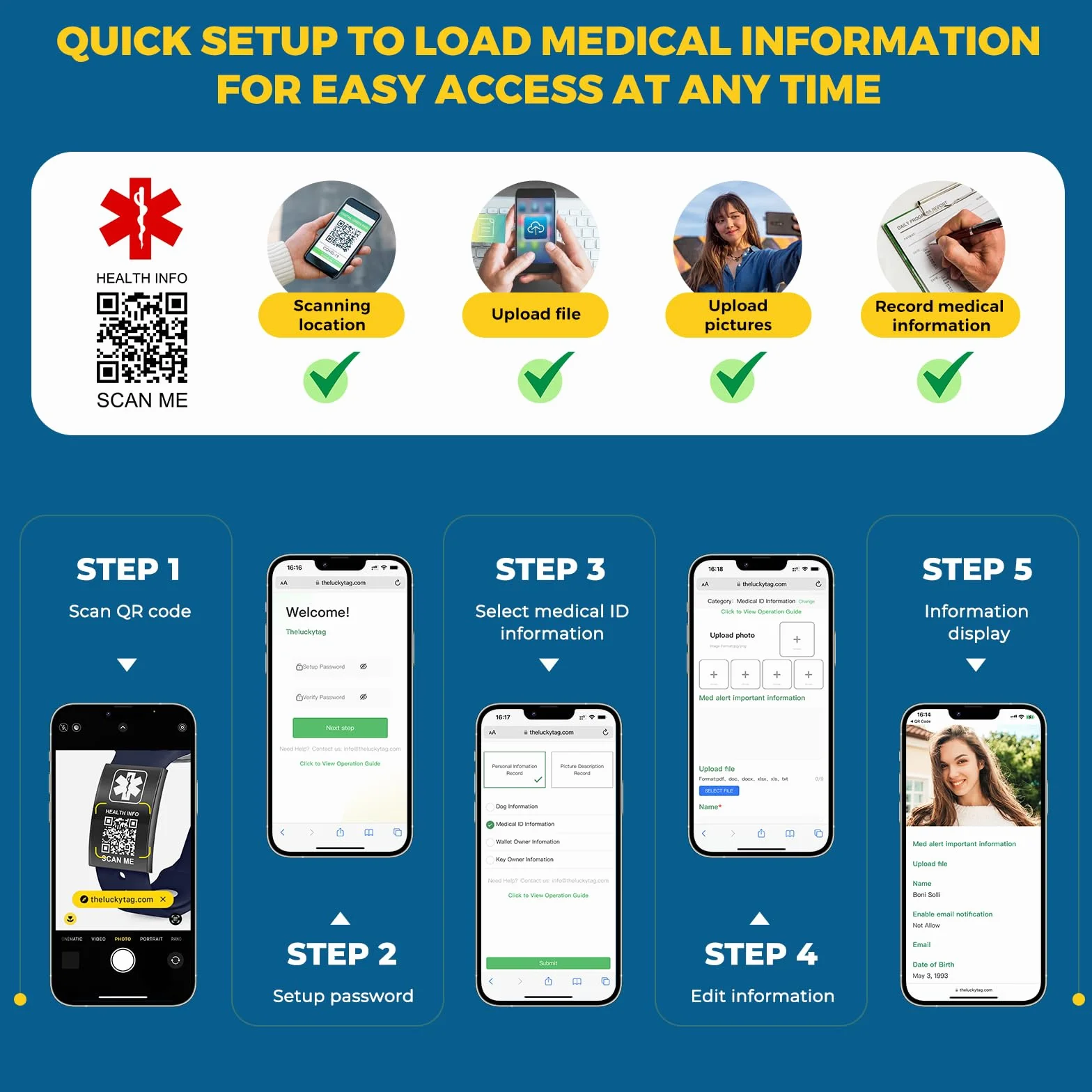 Pulseras médicas unisex con código QR, pulsera de emergencia de silicona impermeable para muñecas de hasta 22,9 cm