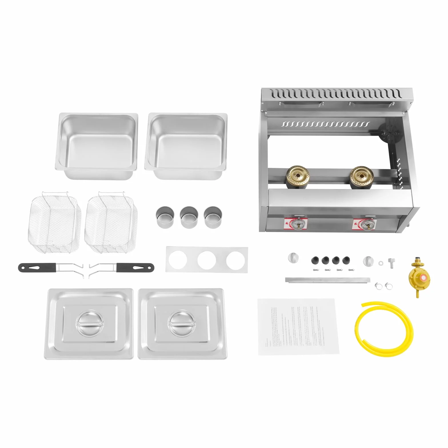 Freidora de gas doble con 2 cestas, freidora de propano de acero inoxidable, rango de temperatura 50-380 °C, freidora de gas con 3 contenedores para especias para familias, restaurantes, bocadillos