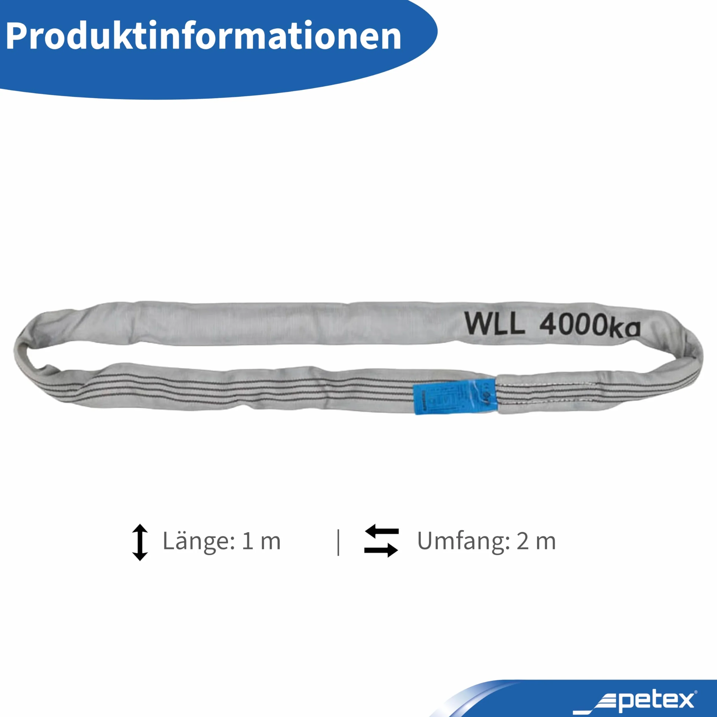 Eslinga WLL 4000 kg, longitud 1 m, 2 m, gris