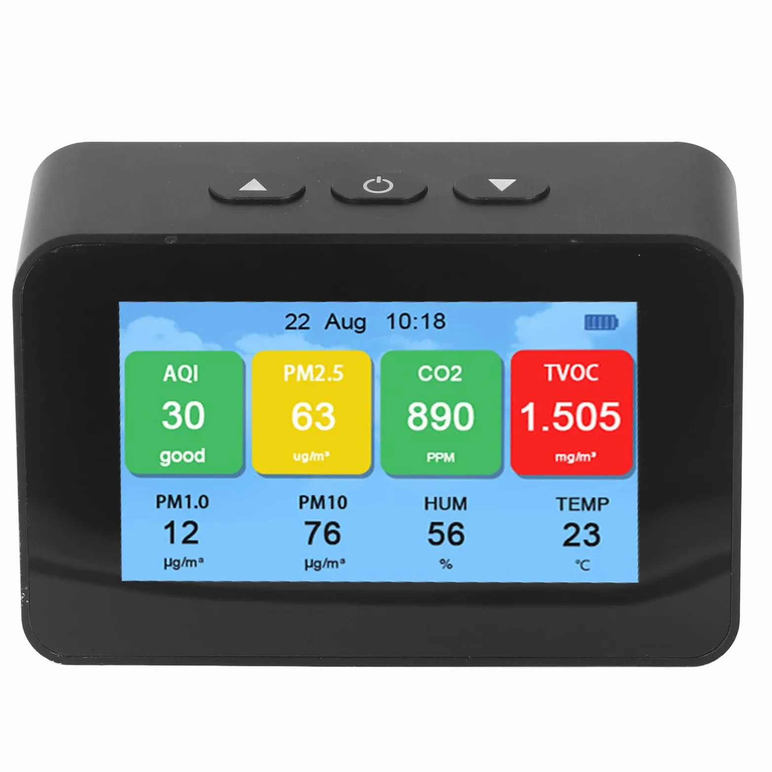Hyuduo Monitor de Calidad del Aire, Detector LCD CO2 PM2.5 PM1.0 PM10 con Pantalla de Tiempo, Probador de Calidad del Aire Recargable Micro USB 3000 MAh para Uso en Interiores y Oficinas en el Hogar