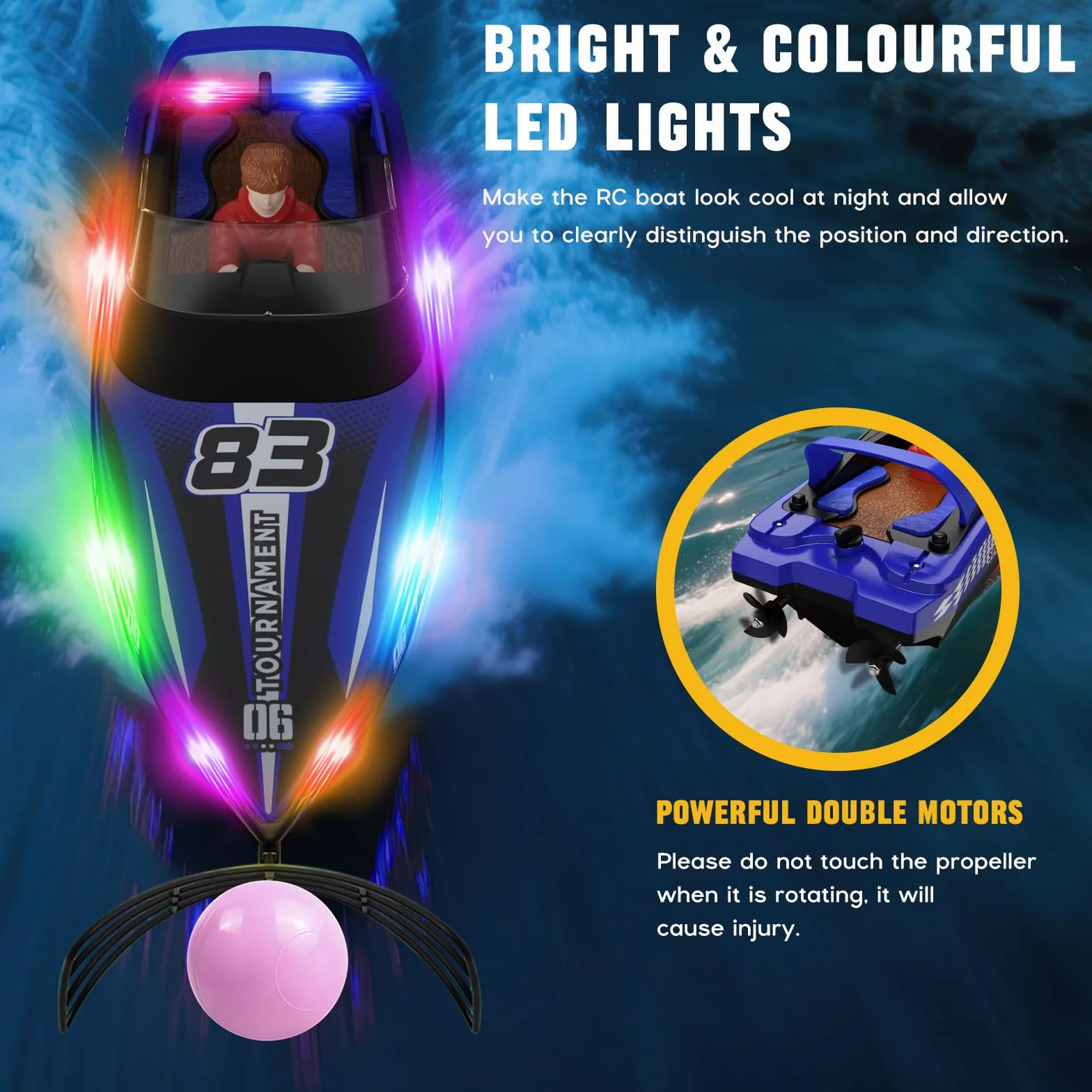 Barco Teledirigido RC con Bola Flotante y Luz LED 15 KM/H 2,4 GHz Barcos de Carreras Rápido para Niños Juguete de Piscina