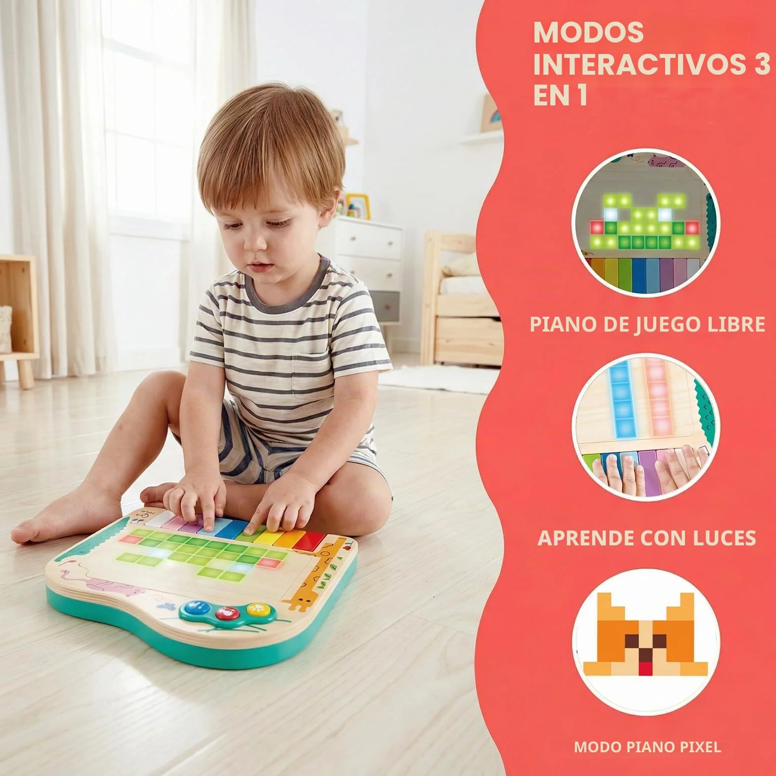Hape Pixel Piano, Juguete Infantil de Madera, Instrumento Interactivo con Luces y Sonidos