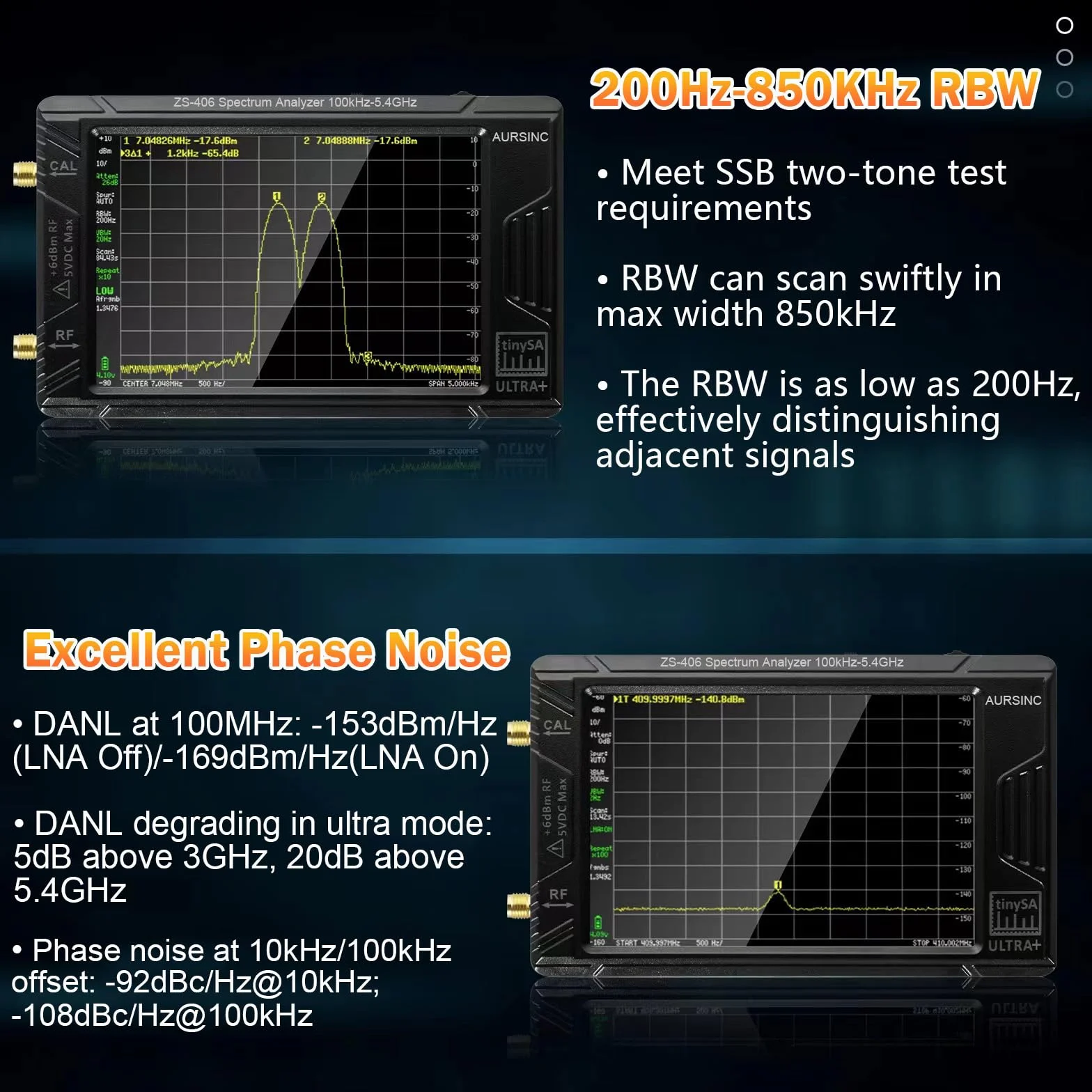 AURSINC TinySA Ultra+ ZS406 Analizador de Espectro, 2025 Actualizado HW V0.4.6 de 4.0 pulgadas 100kHz-5.4GHz con tarjeta de 32Gb, generador de señal 2 en 1 de 100kHz a 900MHz MF/HF/VHF/UHF Entrada