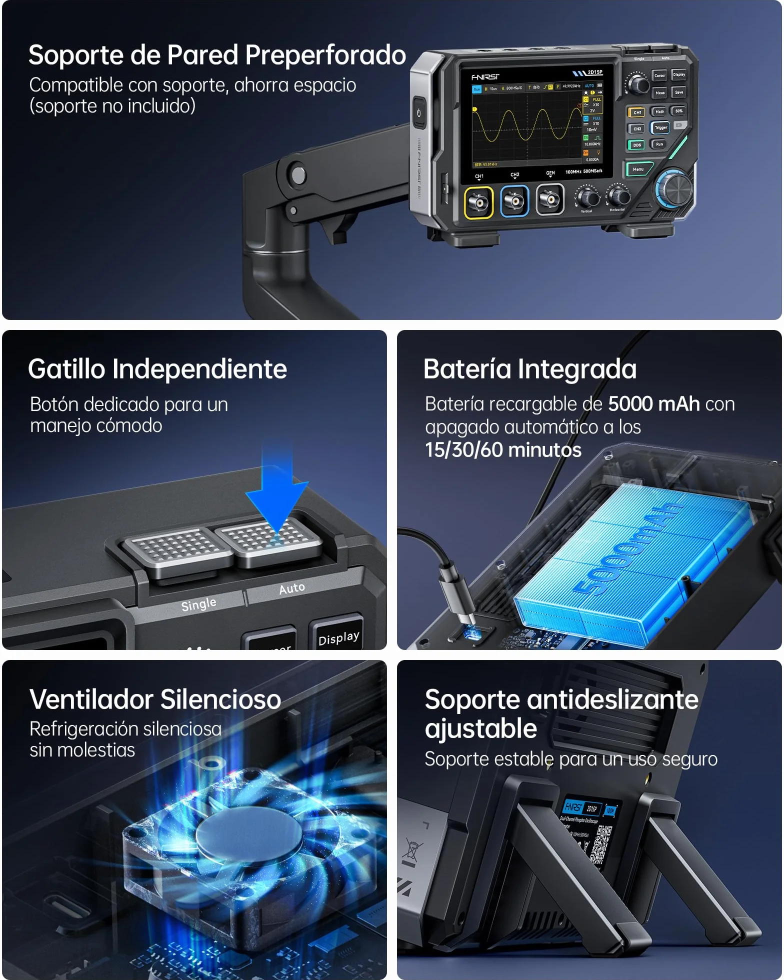FNIRSI 2D15P Osciloscopio Digital de 100 MHz, Multímetro, Generador de Señales DDS, 3 en 1, 2 Canales, Multímetro Automotriz, 19’999 TRMS, Muestreo de 500MS/s, Pantalla Táctil de 4,3"