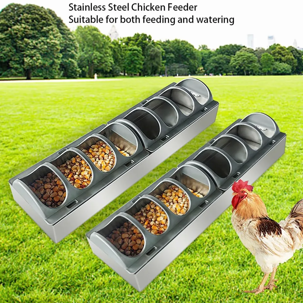 Comedero de pollo de acero inoxidable, comedero rectangular con tapas divididas, equipo de alimentación de aves de corral de doble cara a prueba de derrames para pollos, patos