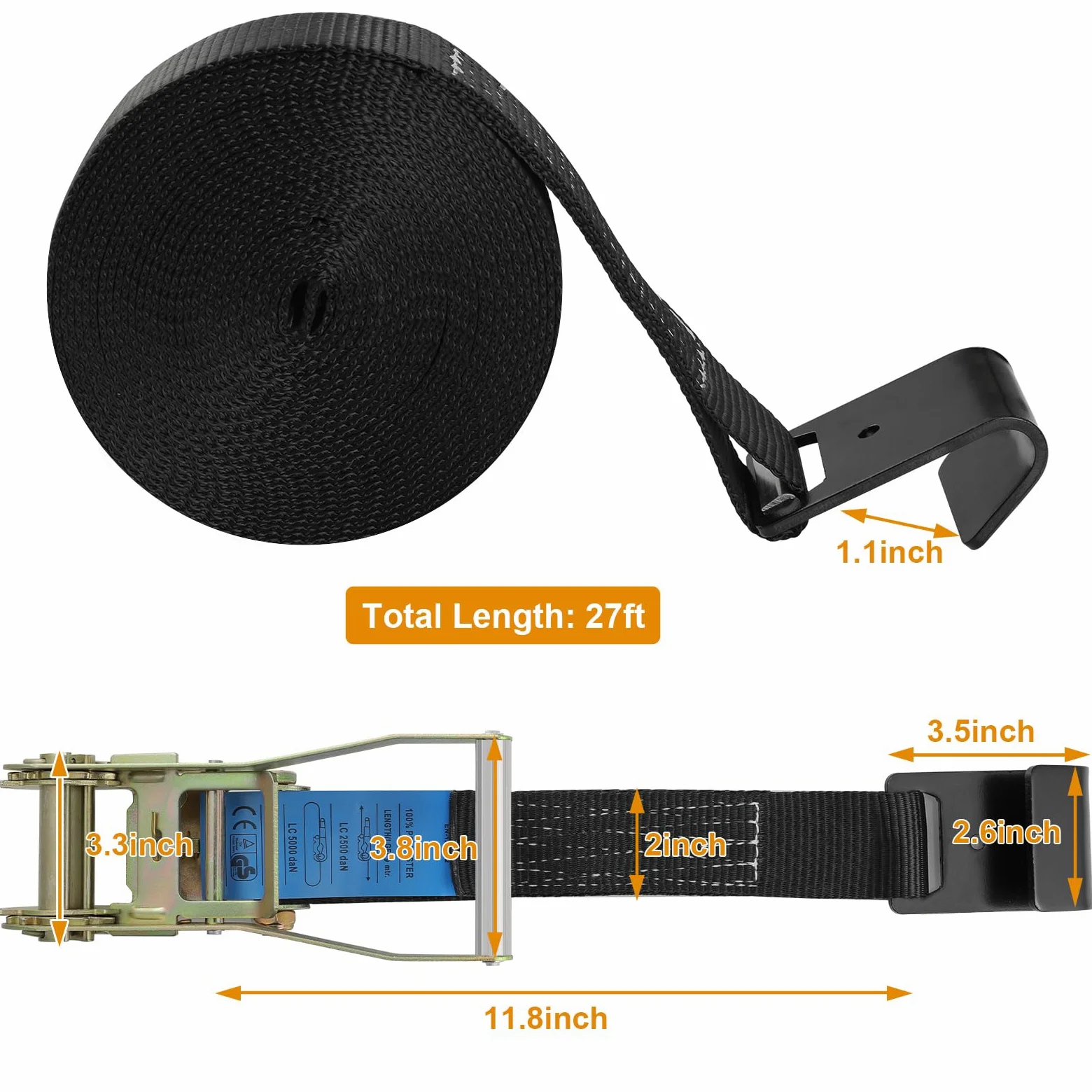 TLGREEN Paquete de 4 correas de trinquete de gancho plano de 2 pulgadas x 27 pies (resistencia a la rotura de 11 libras), correas de amarre resistentes para camiones (negro)