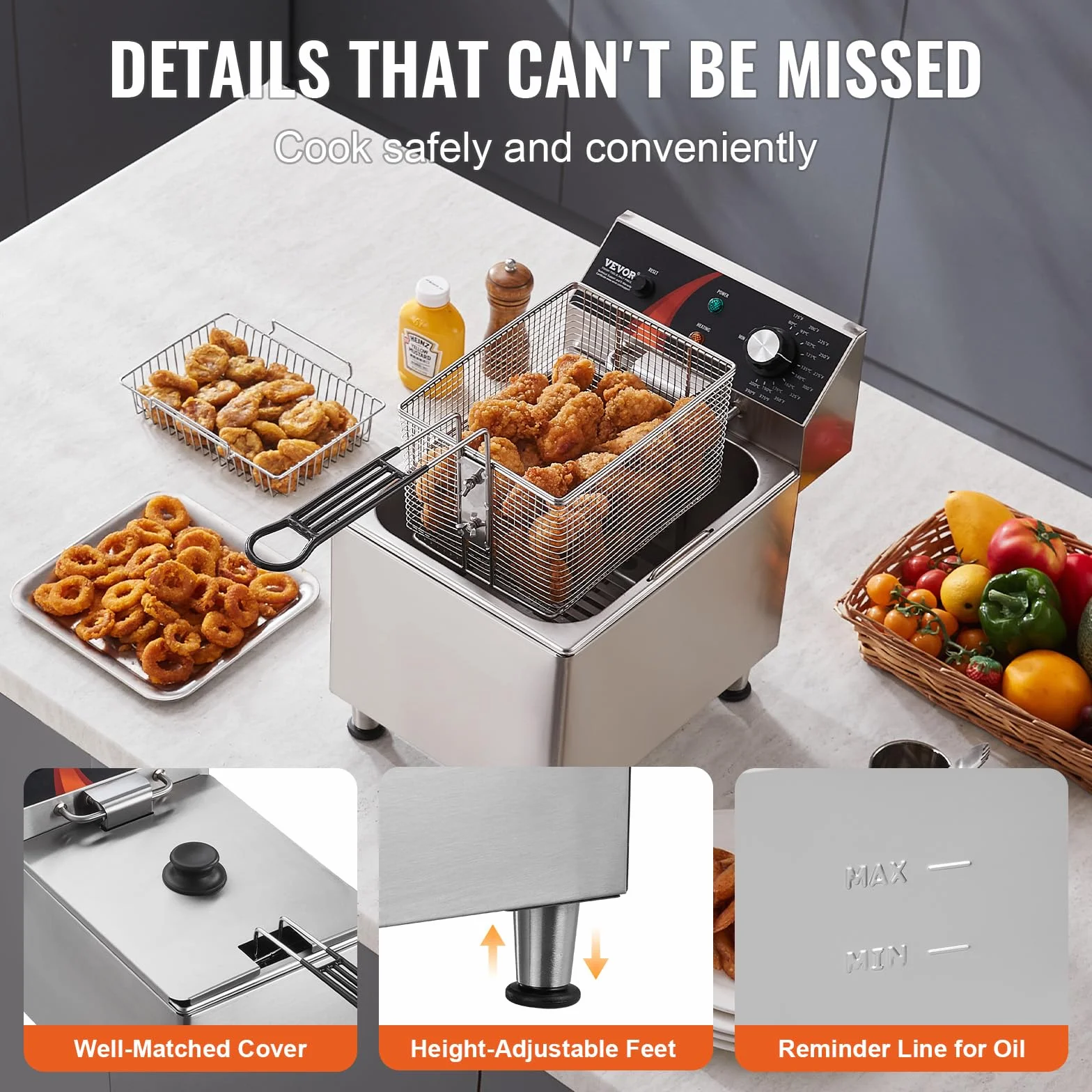 VEVOR Freidora Eléctrica Comercial de Encimera 3100 W con Cesta, Patas Regulables en Altura, Individual en Acero Inoxidable 11,5 L, Control de Temperatura, Uso en Restaurantes, 275 x 415 x 370 mm