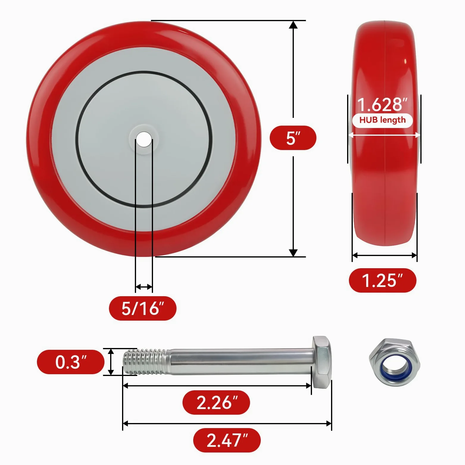 Ruedas de 5 pulgadas para carrito, ruedas de repuesto de poliuretano con eje de 5/16 pulgadas, capacidad total de 1200 libras (paquete de 4 unidades de diámetro de 5/16 pulgadas, rojo)