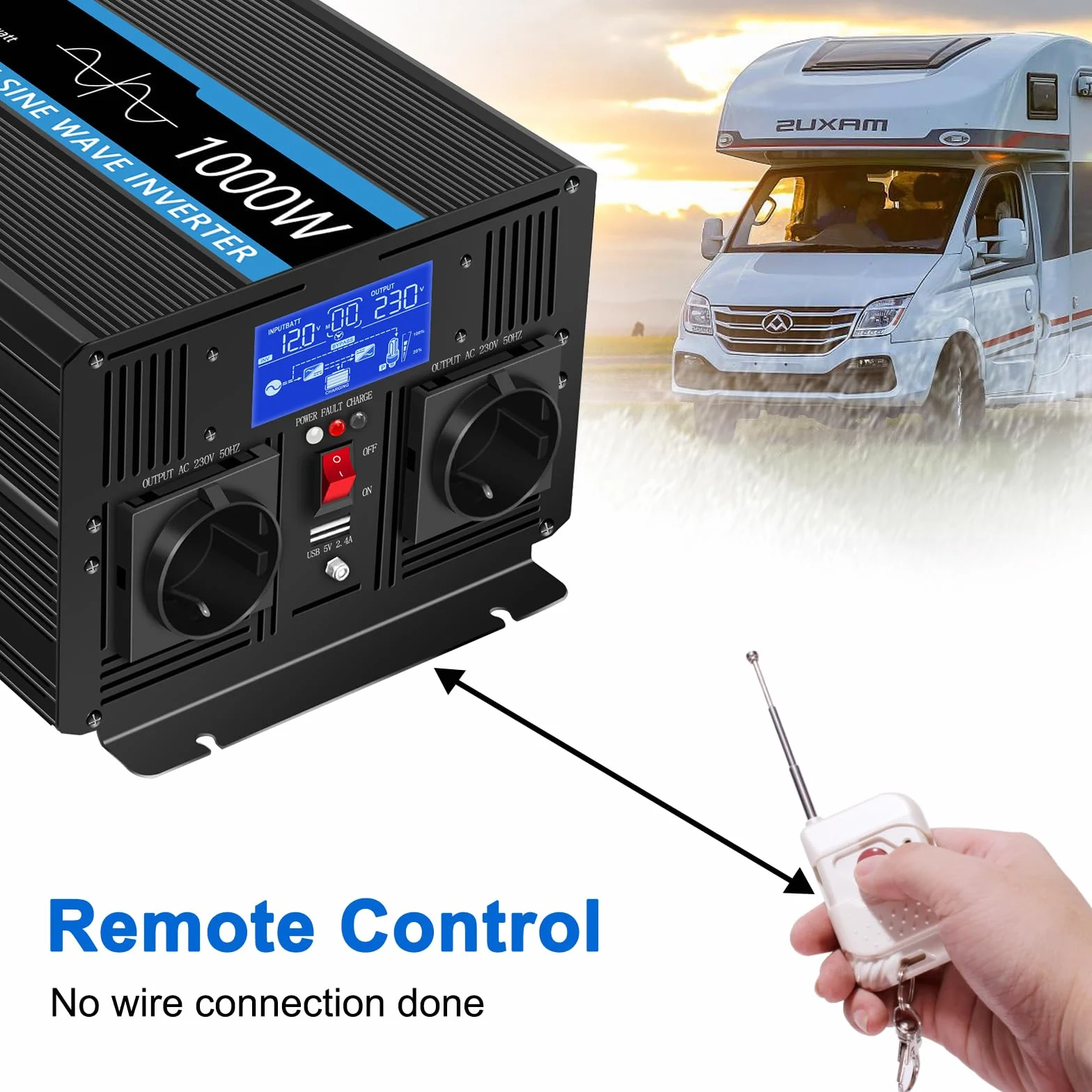JIGUUN 1000W Inversor 12V 220V Onda Pura Inverter con Cargador 30A y Circuito Prioritario de Red y SAI，2 Tomas UE, Mando a Distancia Inalámbrico y Pantalla LCD Potencia Pico 2000W