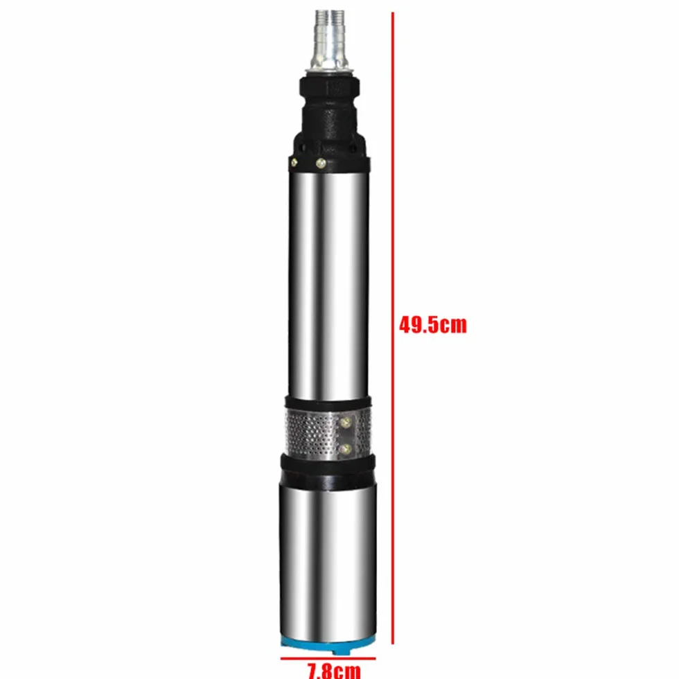 Bomba de Agua Solar 500W 48V/60V, Acero Inoxidable y Hierro Fundido, Submersible, 2m³/h, 50m, 25mm, 78mm x 495mm, Alta Presión, para Jardín e Irrigación Agrícola
