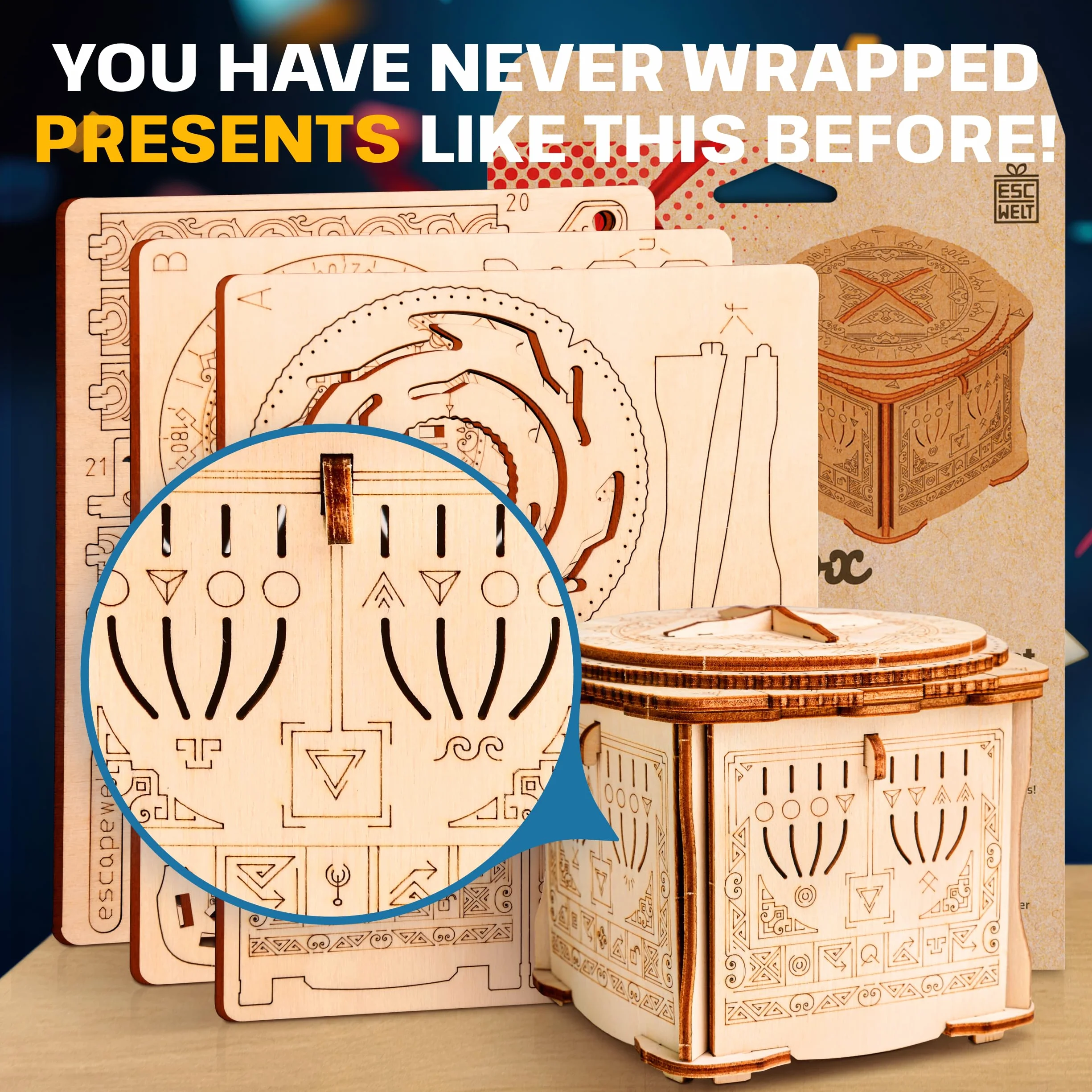 ESC WELT Secret Lock Box de Madera Rompecabezas 3D - Caja de Regalo Creativa para Dinero, Vales, Tarjetas de Regalo - Juego 3-en-1