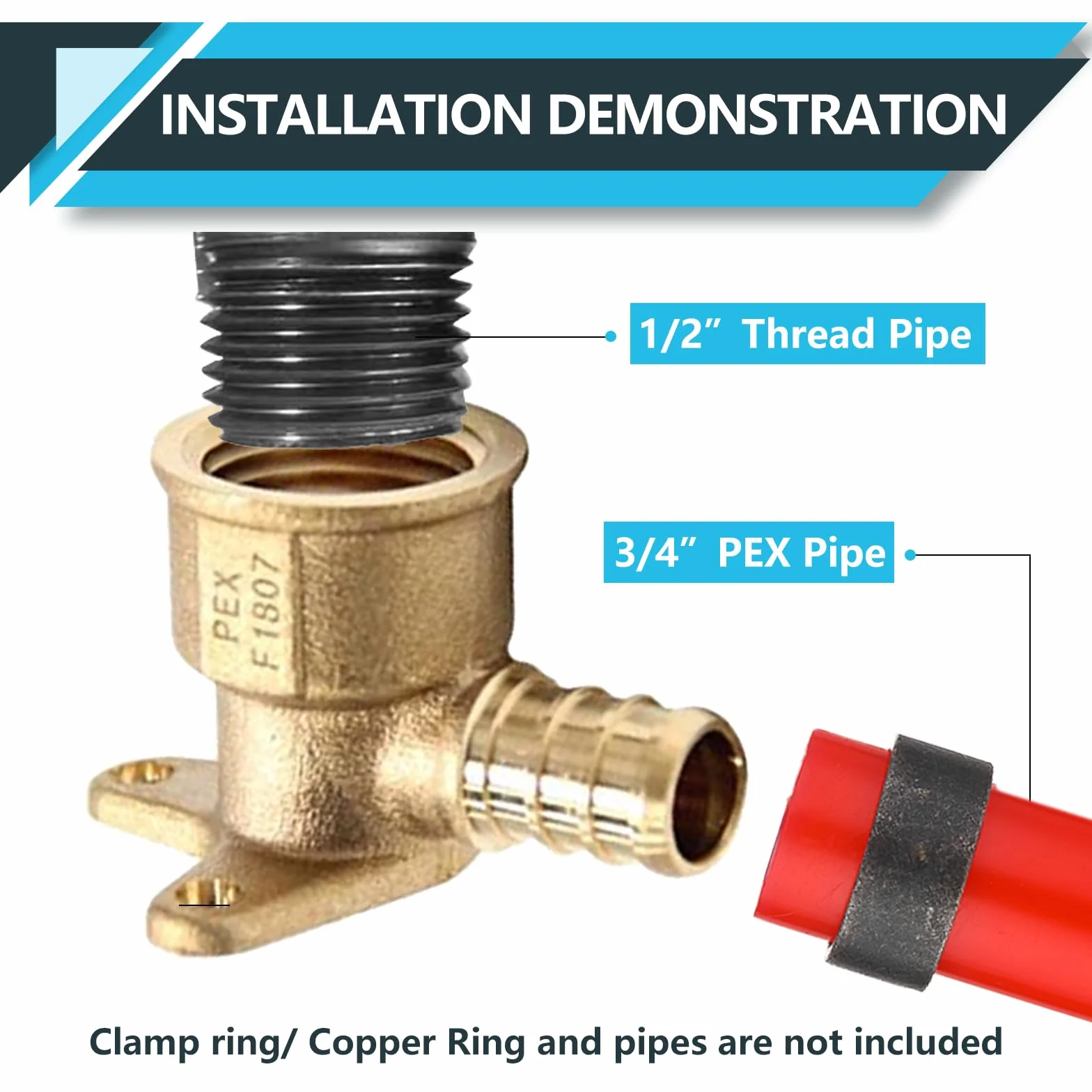Paquete de 20 accesorios PEX, adaptador de codo de oreja caída NPT roscado hembra Pex de 1/2 x 1/2 pulgada, accesorios de crimpado de latón, para tuberías PEX, ASTM F1807