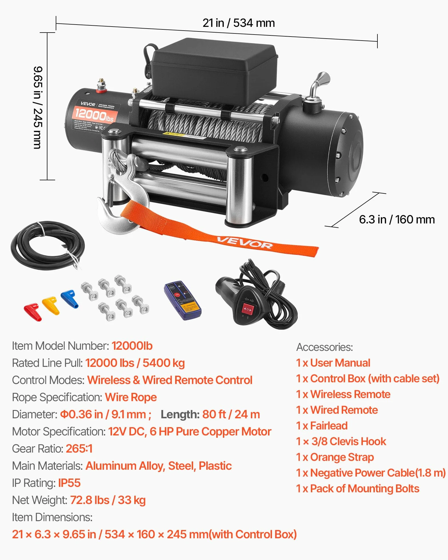 VEVOR Cabrestante Eléctrico, Fuerza Tracción Nominal 5400 kg, 12 V CC, Cable de Acero 24 m, Control Remoto Inalámbrico, IP55, para Remolcar SUV, Jeep, Remolques, Barcos y SUV, 534 x 160 x 215 mm