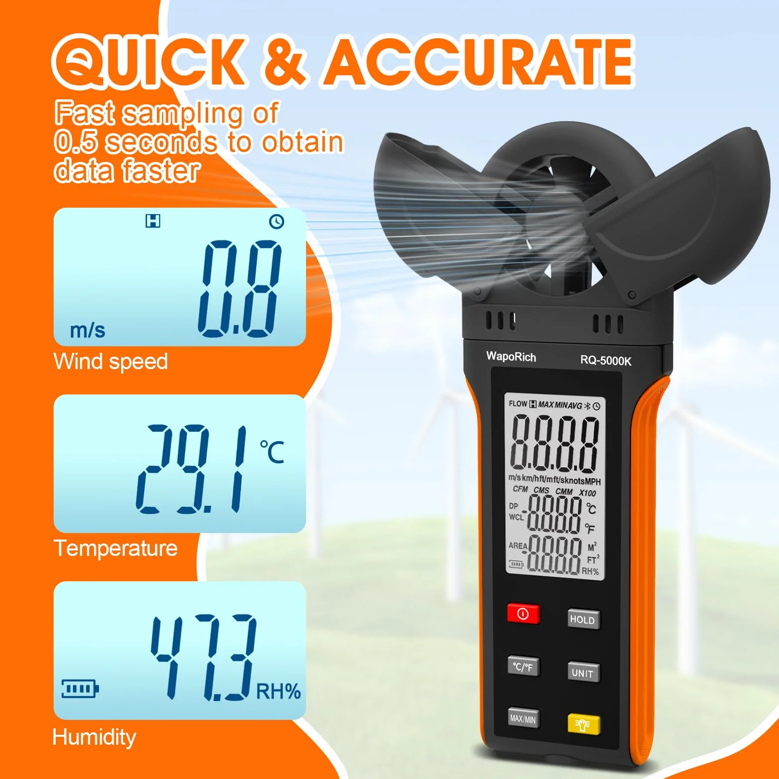 Anemómetro digital WapoRich RQ-5000K portátil medidor velocidad viento humedad temperatura MAX/MIN/AVG
