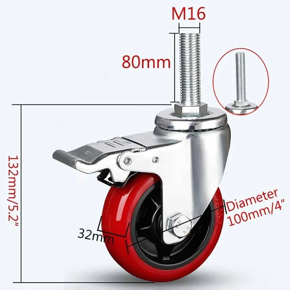 Paquete de 4 ruedas giratorias M16 con vástago roscado de 4 pulgadas, ruedas giratorias industriales resistentes con doble freno antidesgaste (100 mm)