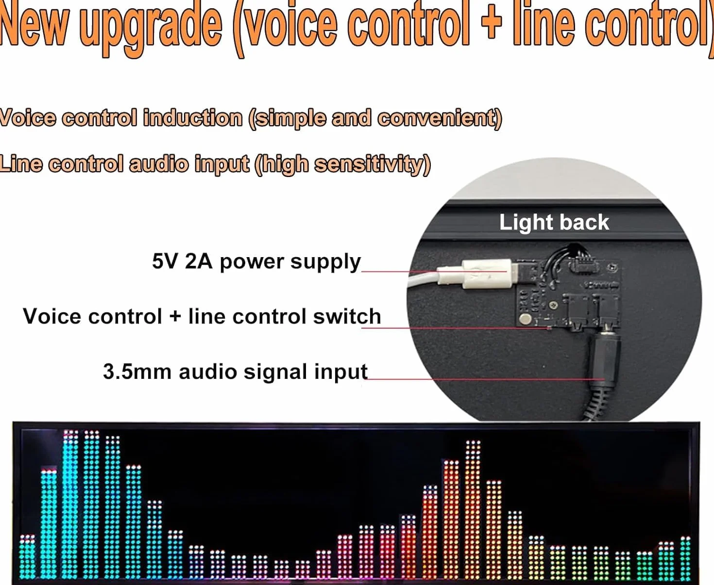 Analizador de espectro de audio, placa analizadora de pantalla de barra de nivel de audio RGB, control de voz + control de línea, 4 rangos de frecuencia/36 estilos de visualización, para automóvil, es
