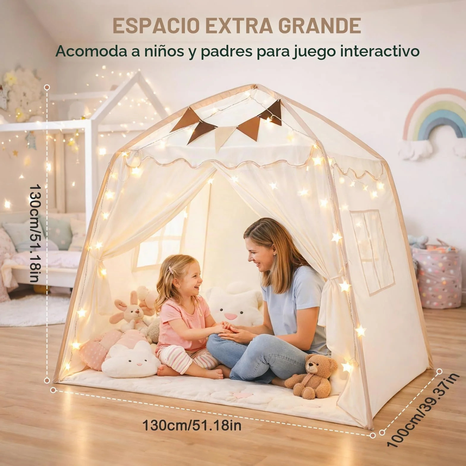 Tienda Campaña Infantil Tipi Cabañas para Niños con Luces y Banderas Casa de Juegos Carpa de Princesa Grande Regalo con Ventanas