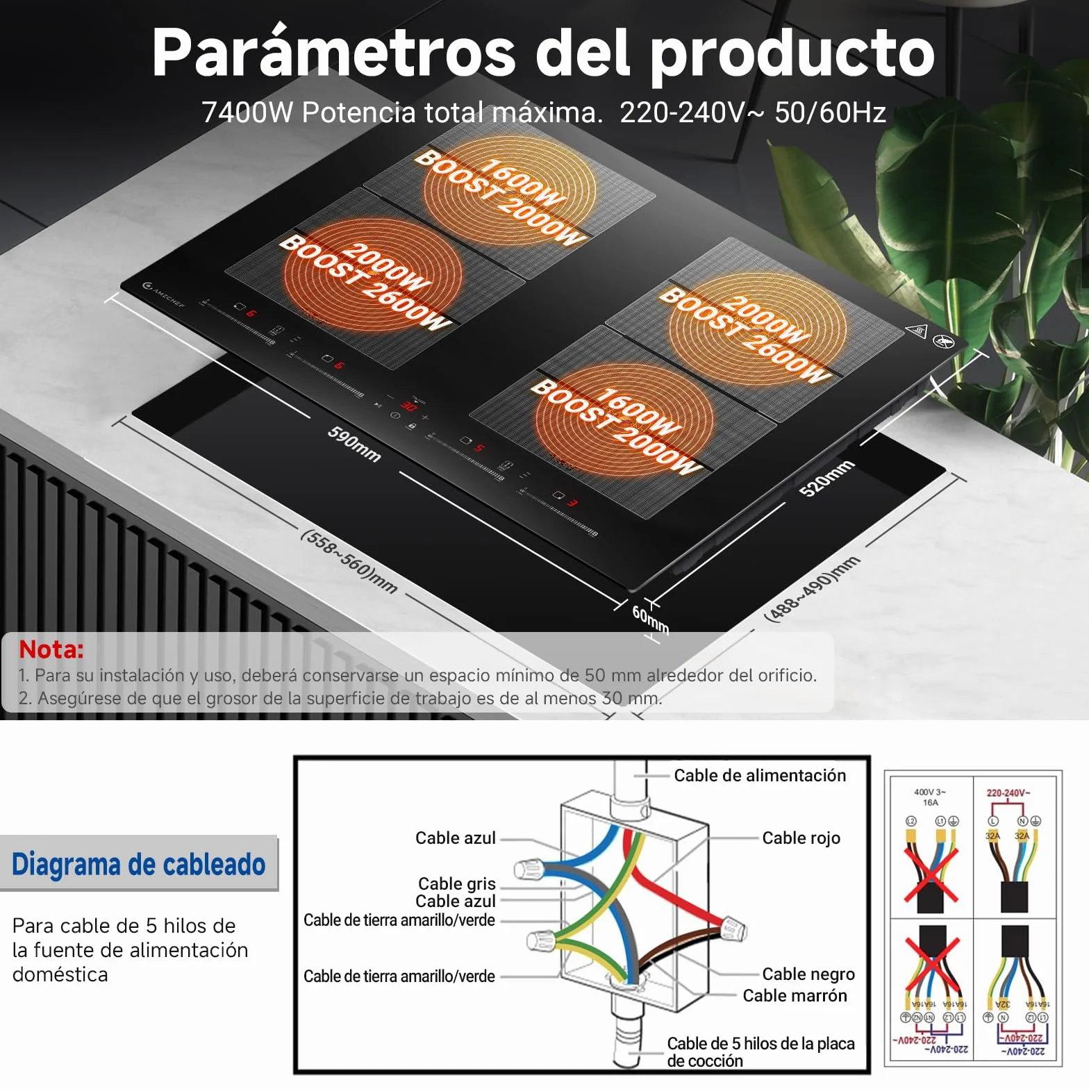 AMZCHEF placa inducción 4 zonas flexibles 7400W 42dB silencioso 9 niveles BBQ