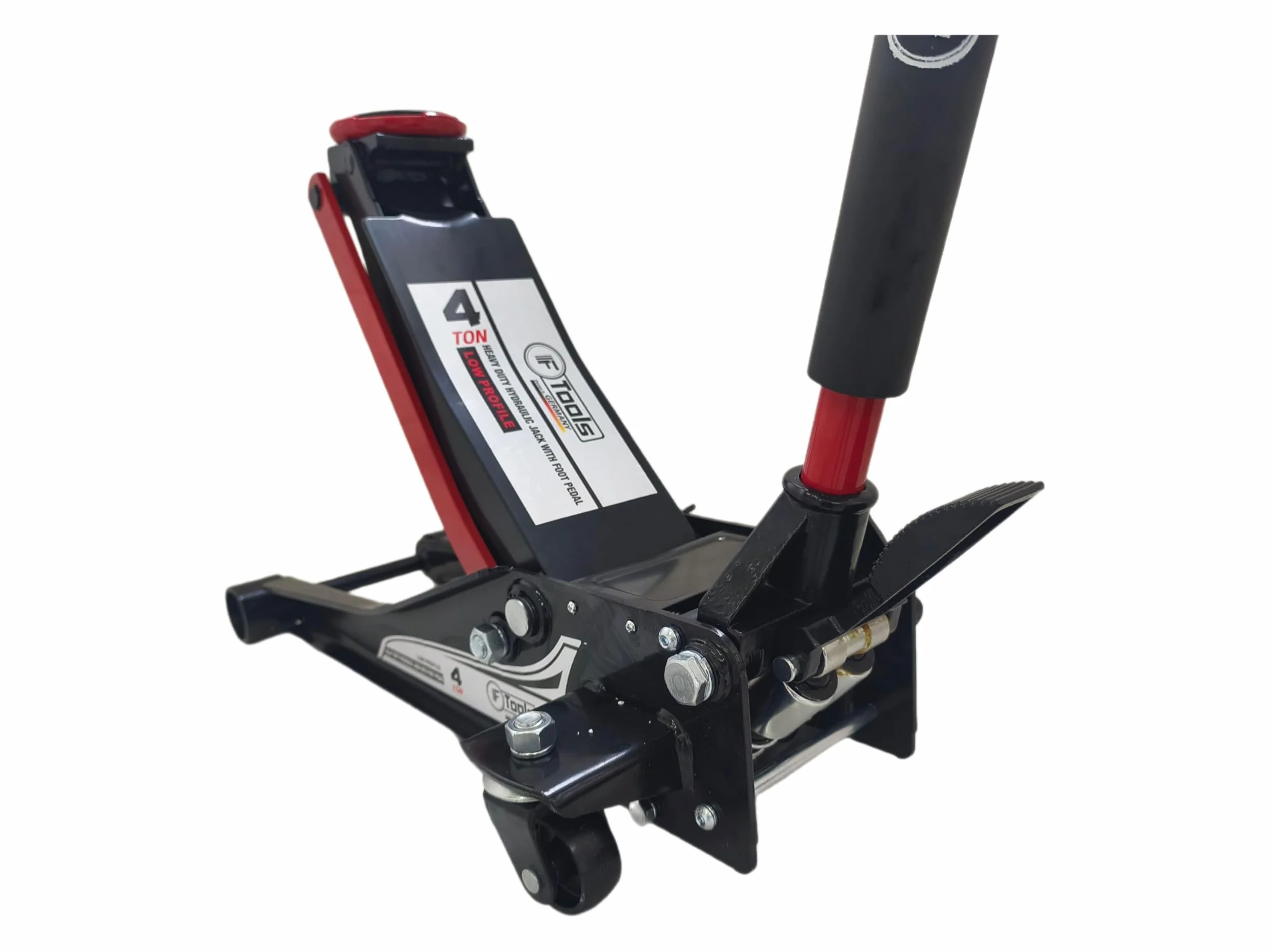 Gato hidráulico de 4T de doble pistón con pedal – Extra plano 75–500 mm – Elevación rápida y ruedas de 360° – Auto, SUV y furgoneta – Gato de taller profesional para maniobras