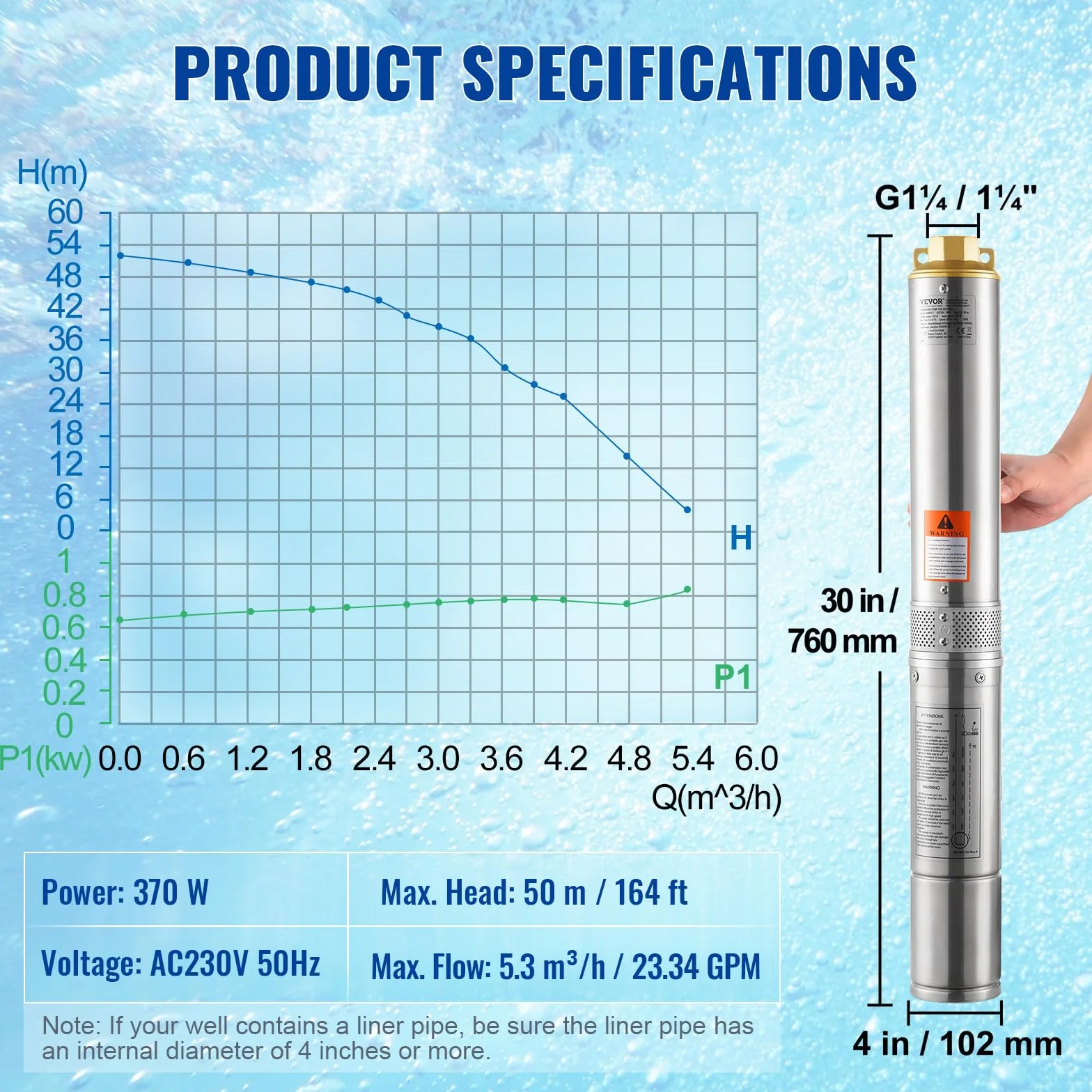 VEVOR S220V370W Bomba de agua para pozos profundos, plata