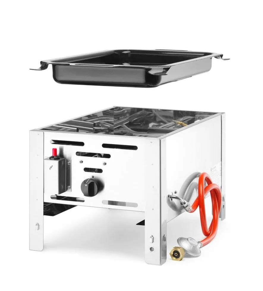 HENDI Parilla de gas Bake-Master Mini, grill, barbacoa, asador, fogón de gas propano y butano para parilladas, encendedor electrónico, 5,8kW(Hs), 340x540x(H)300mm, acero inoxidable 18/0