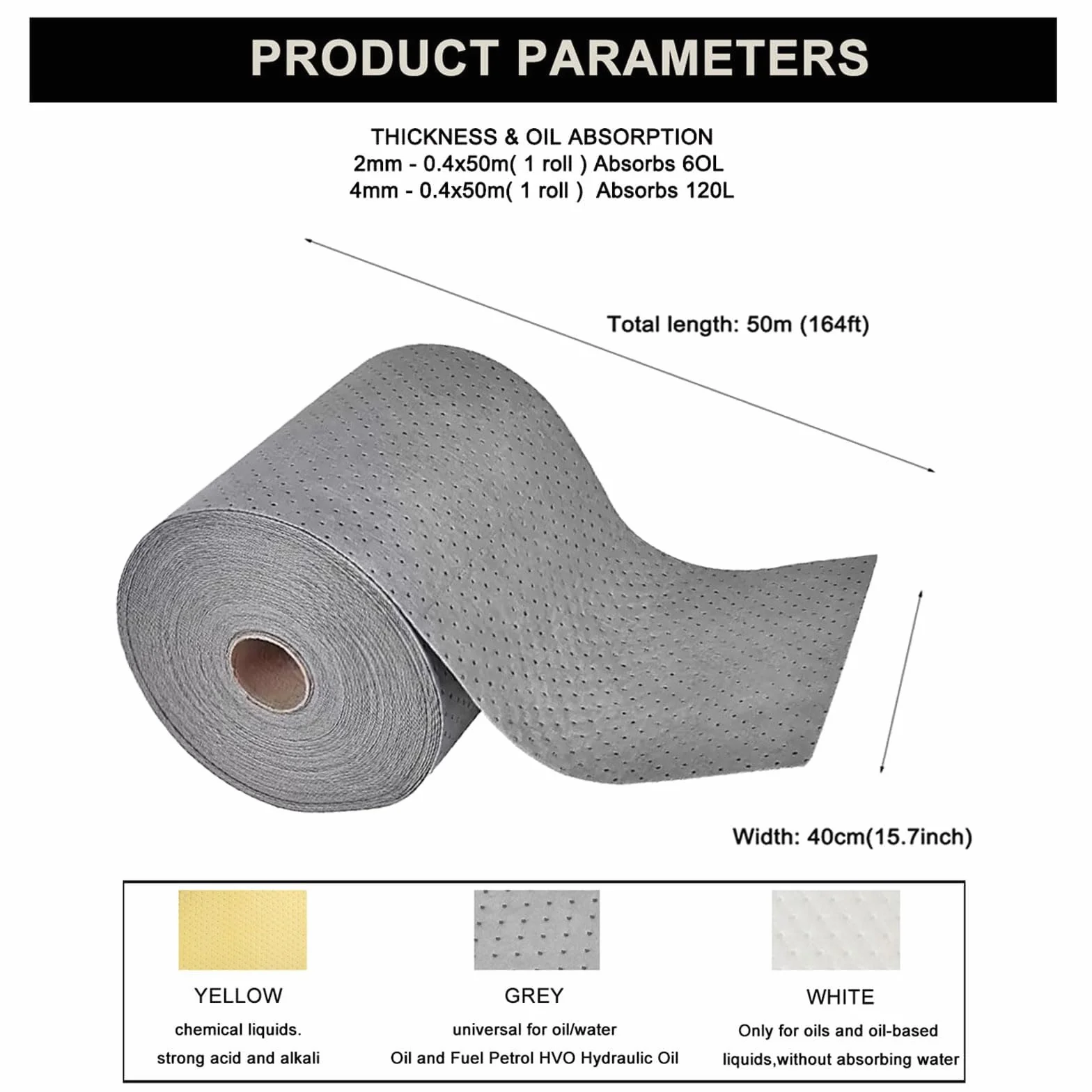 Rollo de tapete absorbente, almohadillas absorbentes de aceite para uso industrial, tapete reutilizable para derrames de aceite/agua/productos químicos