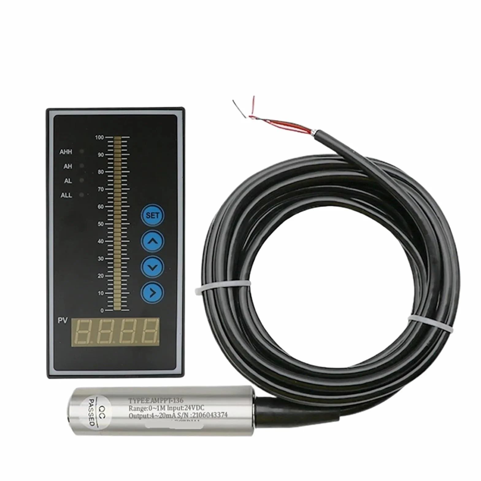 Sensor de nivel de líquido 1 juego de sensor de nivel de agua y aceite líquido integral con salida de 4-20 mA, transmisor de detección con interruptor de flotador, bomba de alarma(5m range 5m cable)
