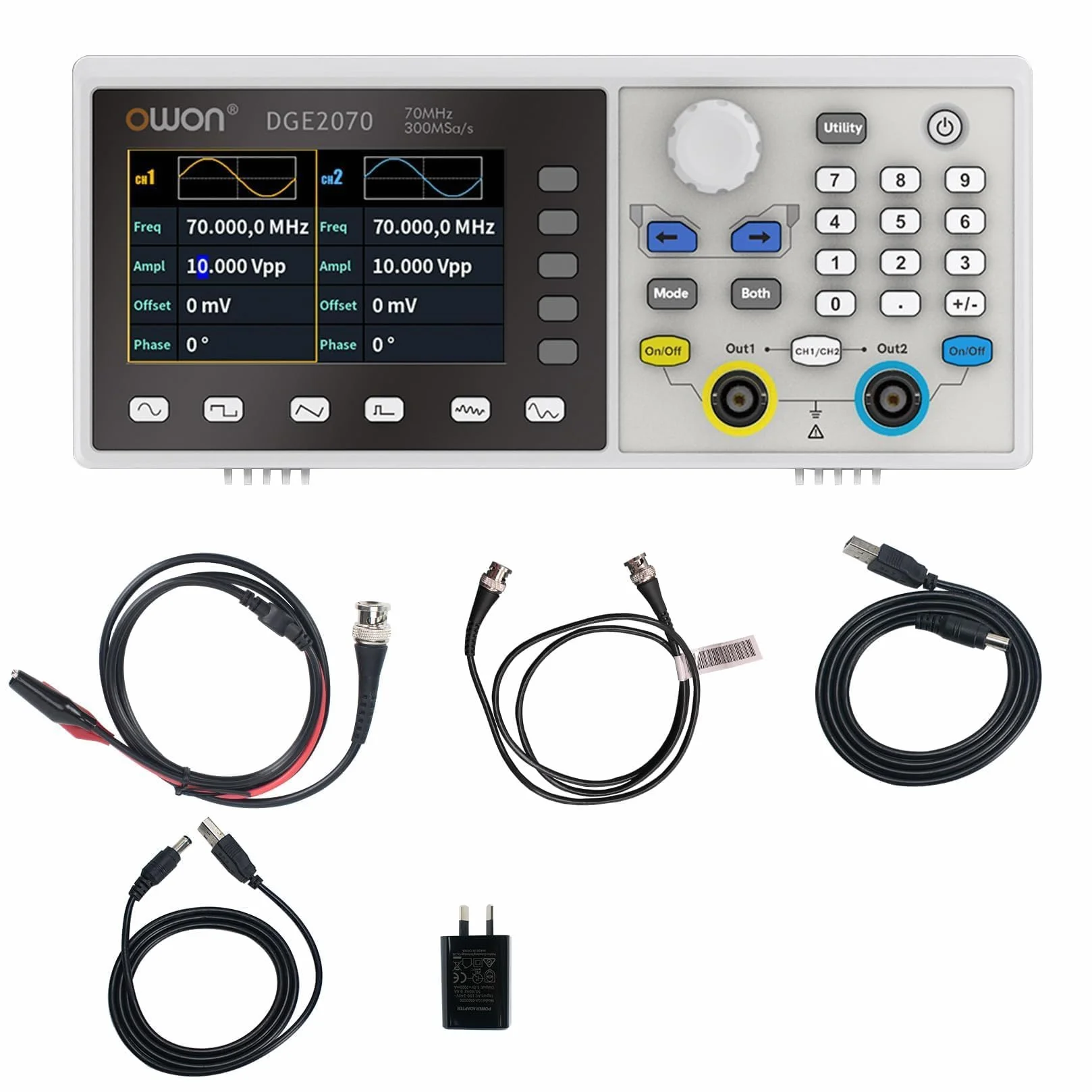OWON DGE2070 generador portátil de forma de onda arbitraria, pantalla LCD de 3,6 pulgadas, canales duales, salida de frecuencia de 70 MHz, frecuencia de muestreo máxima de 300 MSa/s con generador