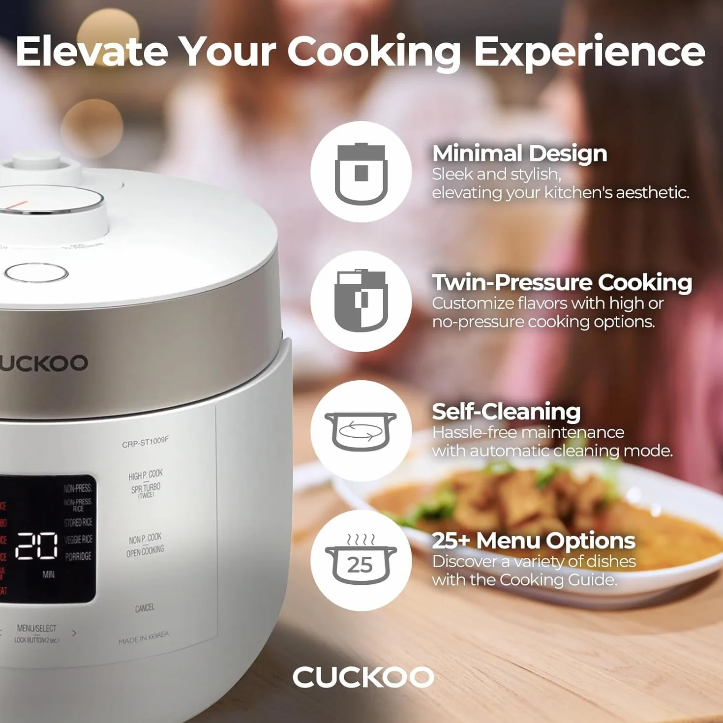 CUCKOO CRP-ST0609FW - Arrocera y calentador para 6 tazas (crudas) y 12 tazas (cocidas) de doble presión con revestimiento antiadherente, 16 opciones de menú, 3 guías de voz, automático