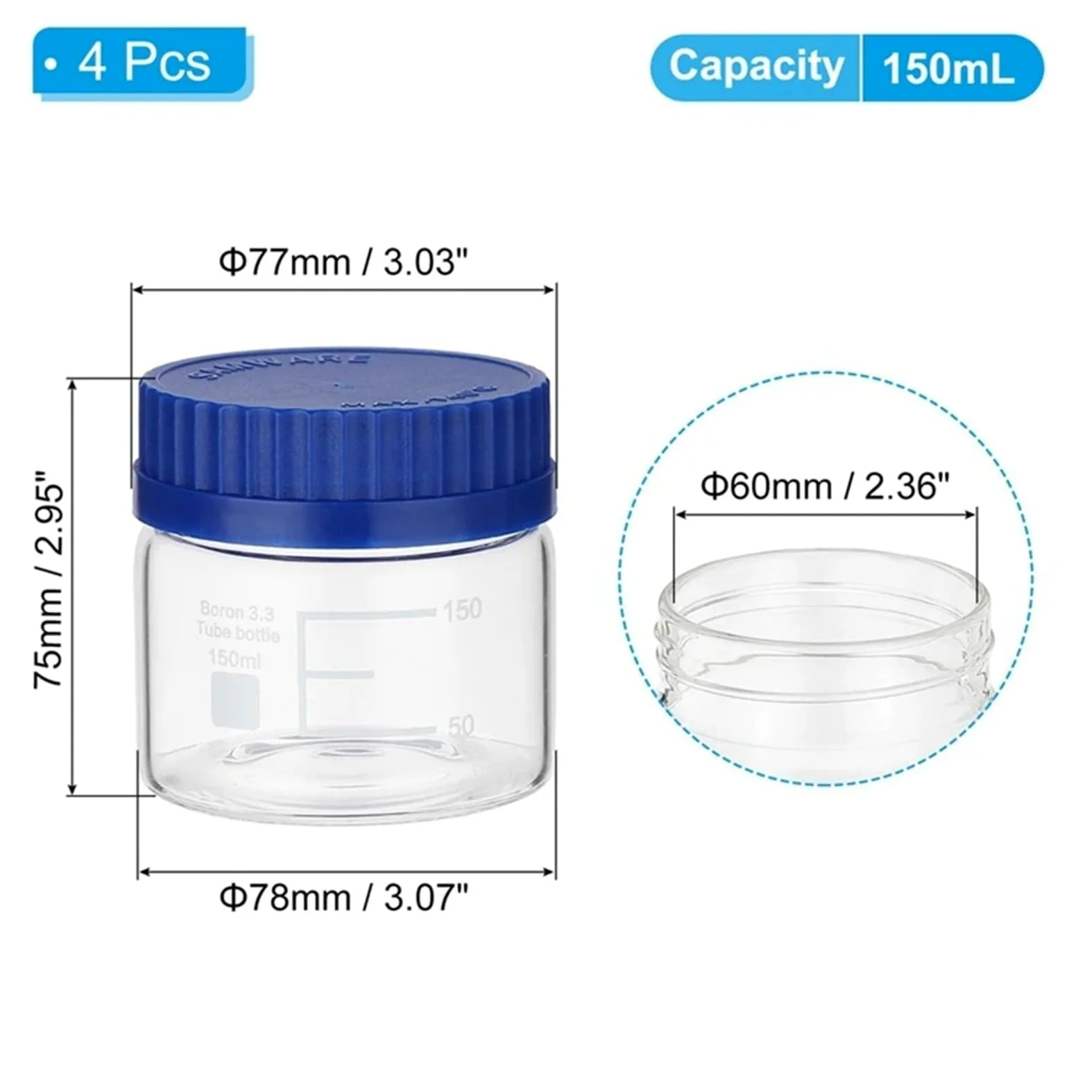 Frasco de vidrio para reactivos de laboratorio, Frascos de reactivos graduados de vidrio de borosilicato, 150 ml/250 ml/500 ml, tapón de rosca GL32, azul, paquete de 4(Blue 500ml)