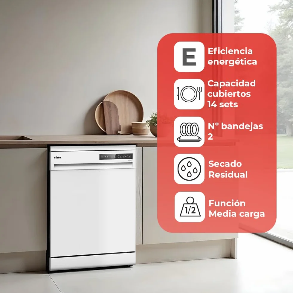 Nilson Lavavajillas 60cm Blanco NJ13600E 1890W 14 Cubiertos 6 Programas Eficiencia Energética Clase E