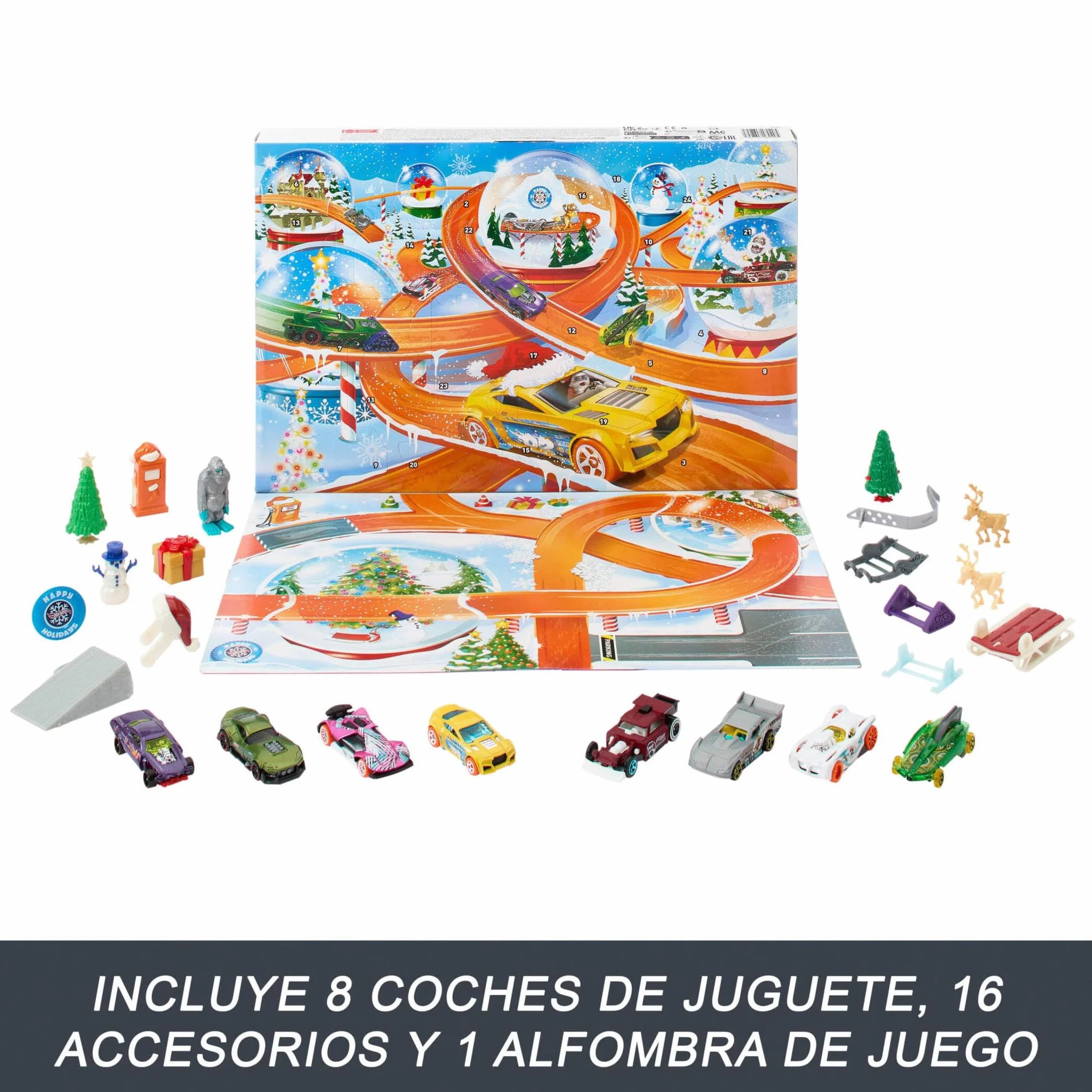 Hot Wheels Calendario de Adviento 2024, 8 coches de juguete con 16 accesorios sorpresa, alfombra de juego, regalo niños +3 años HTG00