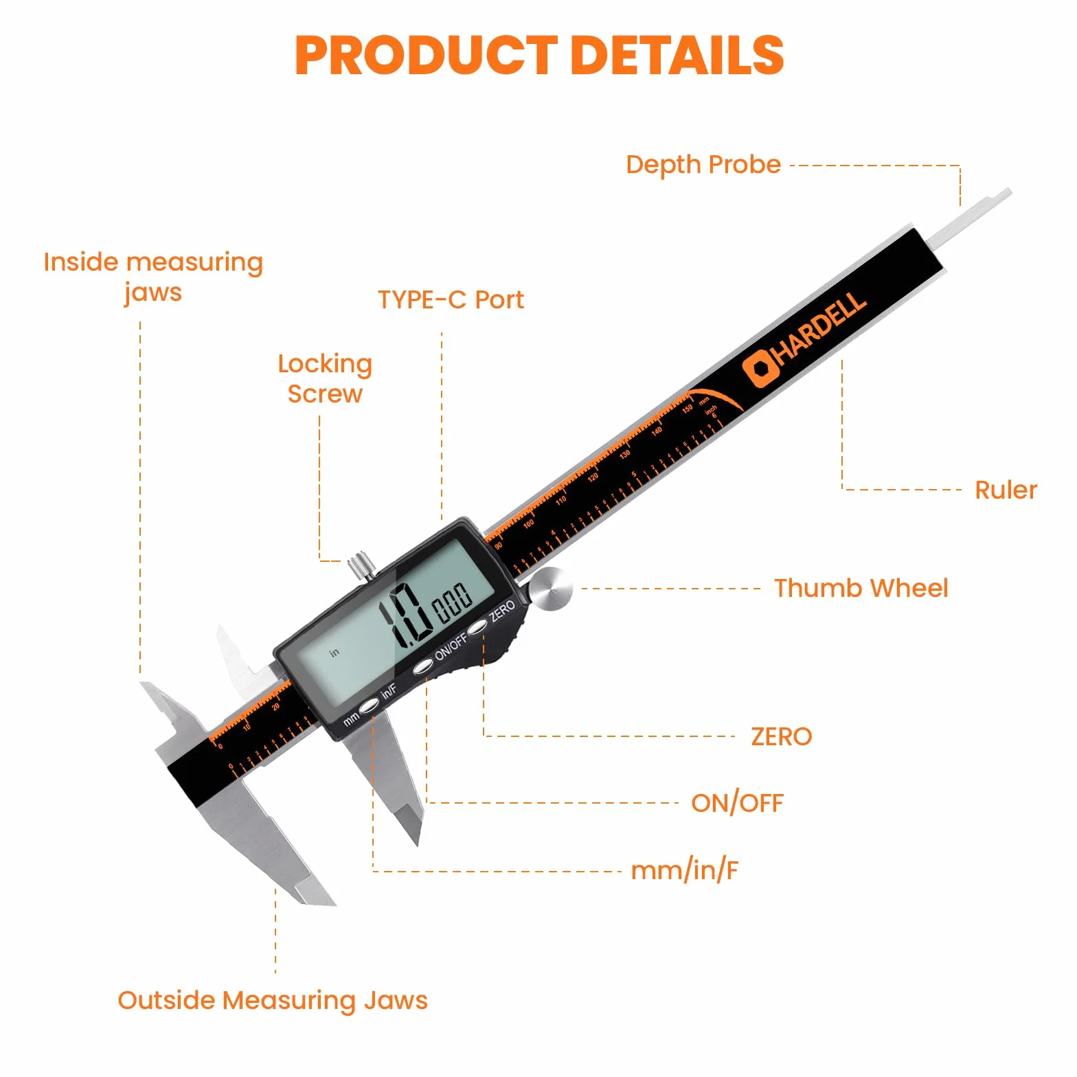 HARDELL Calibre Digital Profesional 150mm 6" Pie de Rey Recargable Acero Inoxidable LCD Pulgadas MM Fracciones