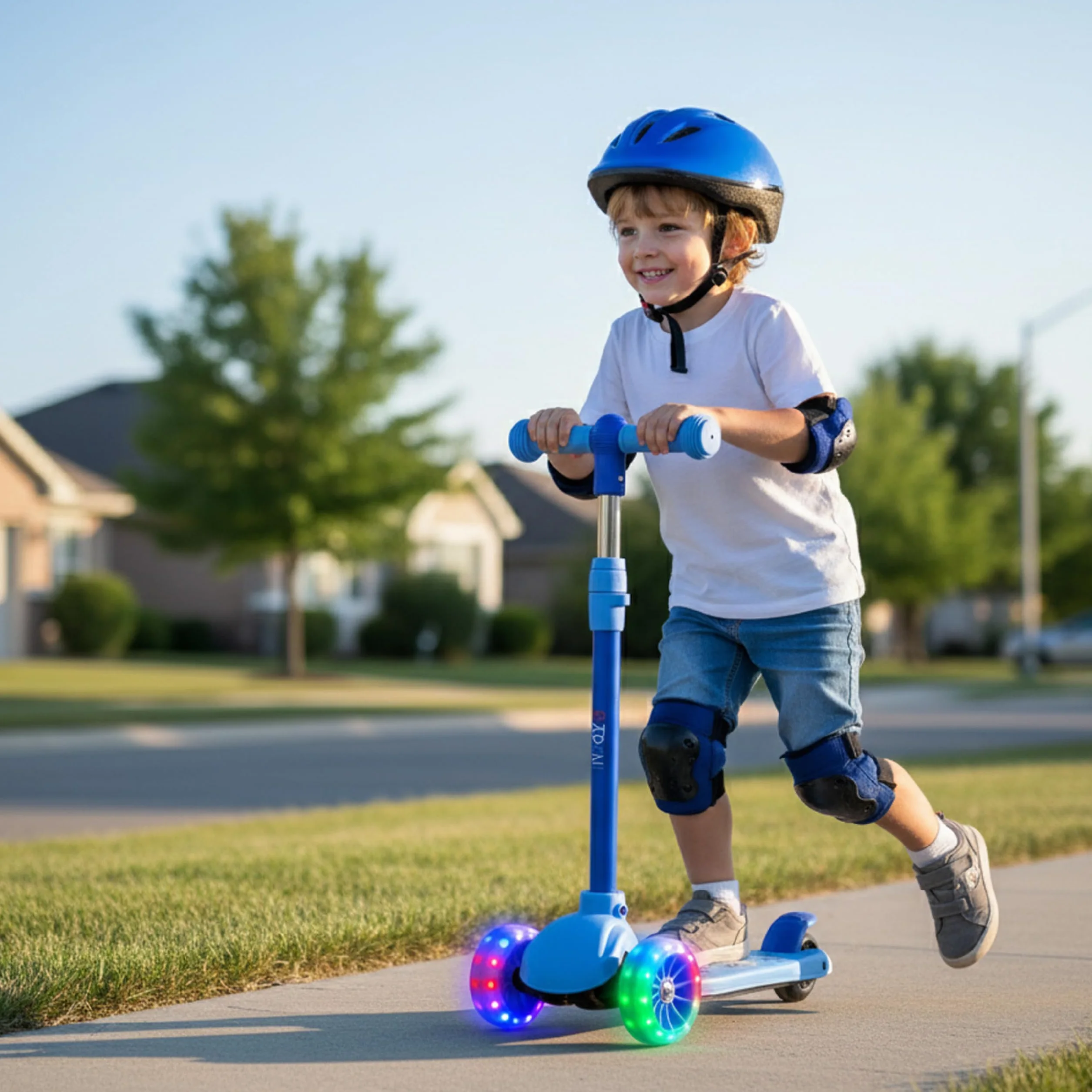 Baroni Toys Patinete 3 Ruedas Niños 3+ Años LED Sin Pilas Manillar Ajustable 3 Alturas Freno Trasero 52x25x81 cm Azul
