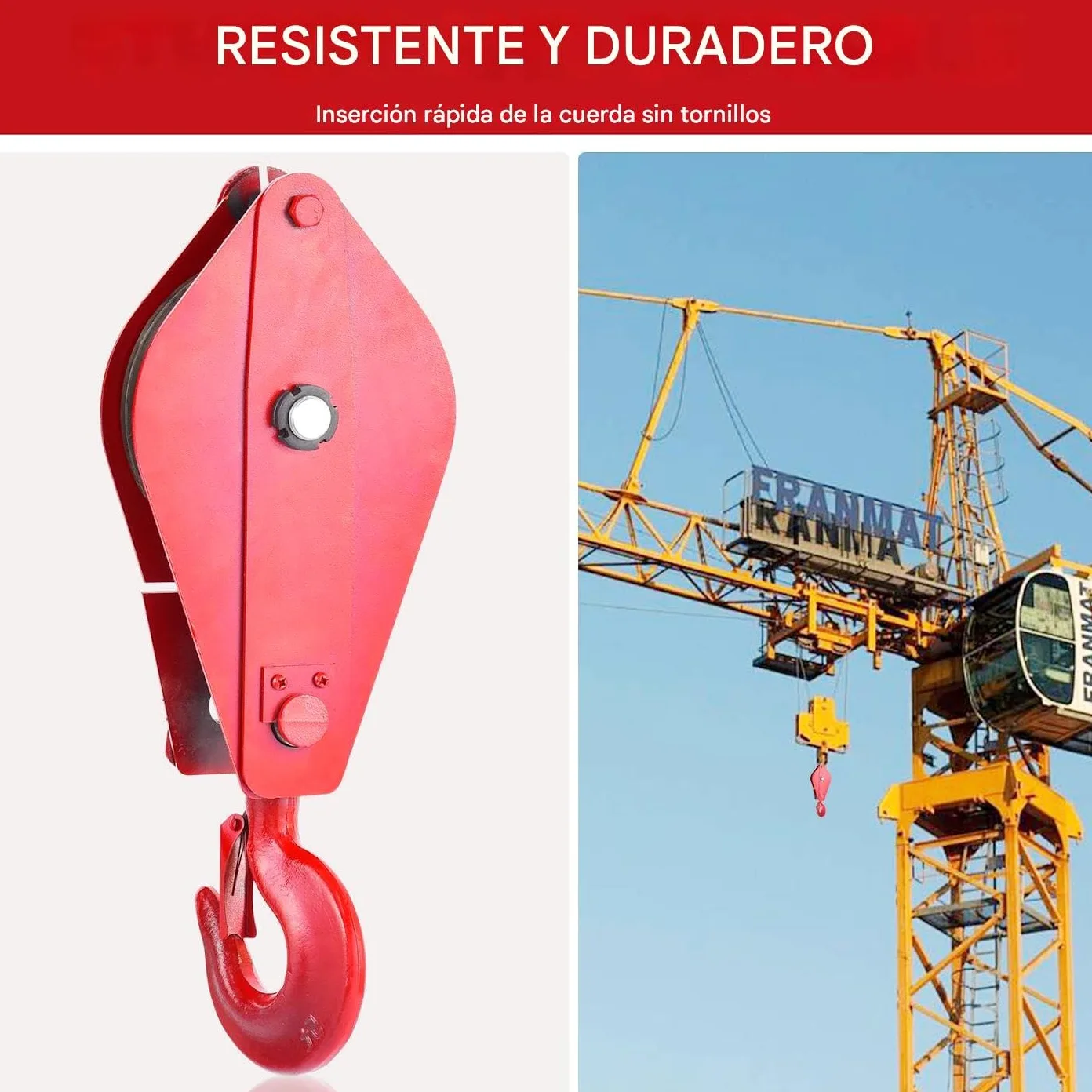 Bloque de polea del cabrestante, polea con gancho,Polea de elevación de 5 toneladas de elevación con gancho - Bloque de rodamiento de cuerda de acero de aleación por cuerda de alambre de 18.5 mm, grúa