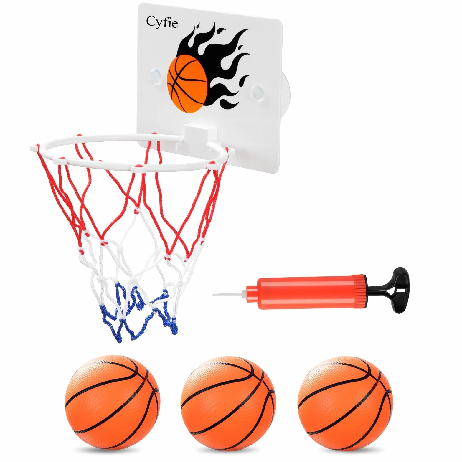 CYFIE Mini Canasta Baloncesto Infantil Interior con Ventosas, 3 Balones y 1 Bomba de Aire